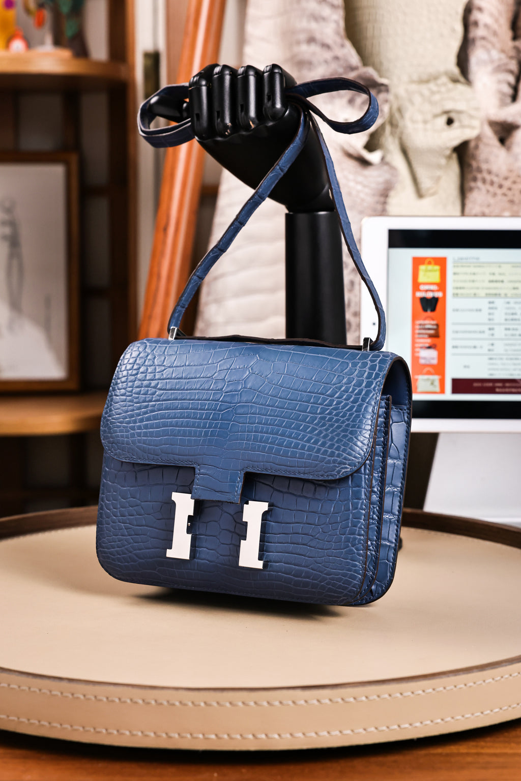 Constance- All Handmade Golden / Sliver Ocean blue Crocodile leather