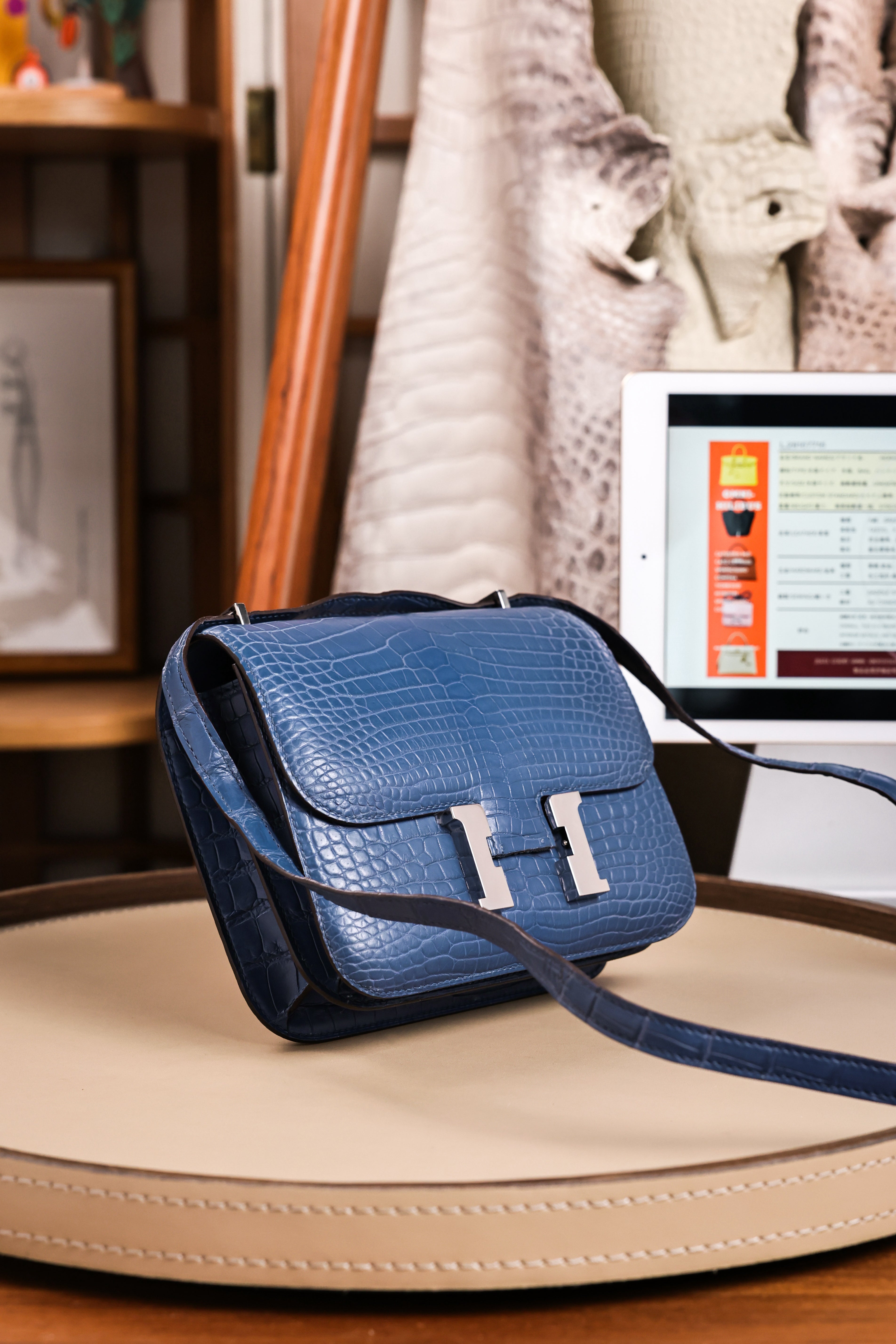 Constance- All Handmade Golden / Sliver Ocean blue Crocodile leather