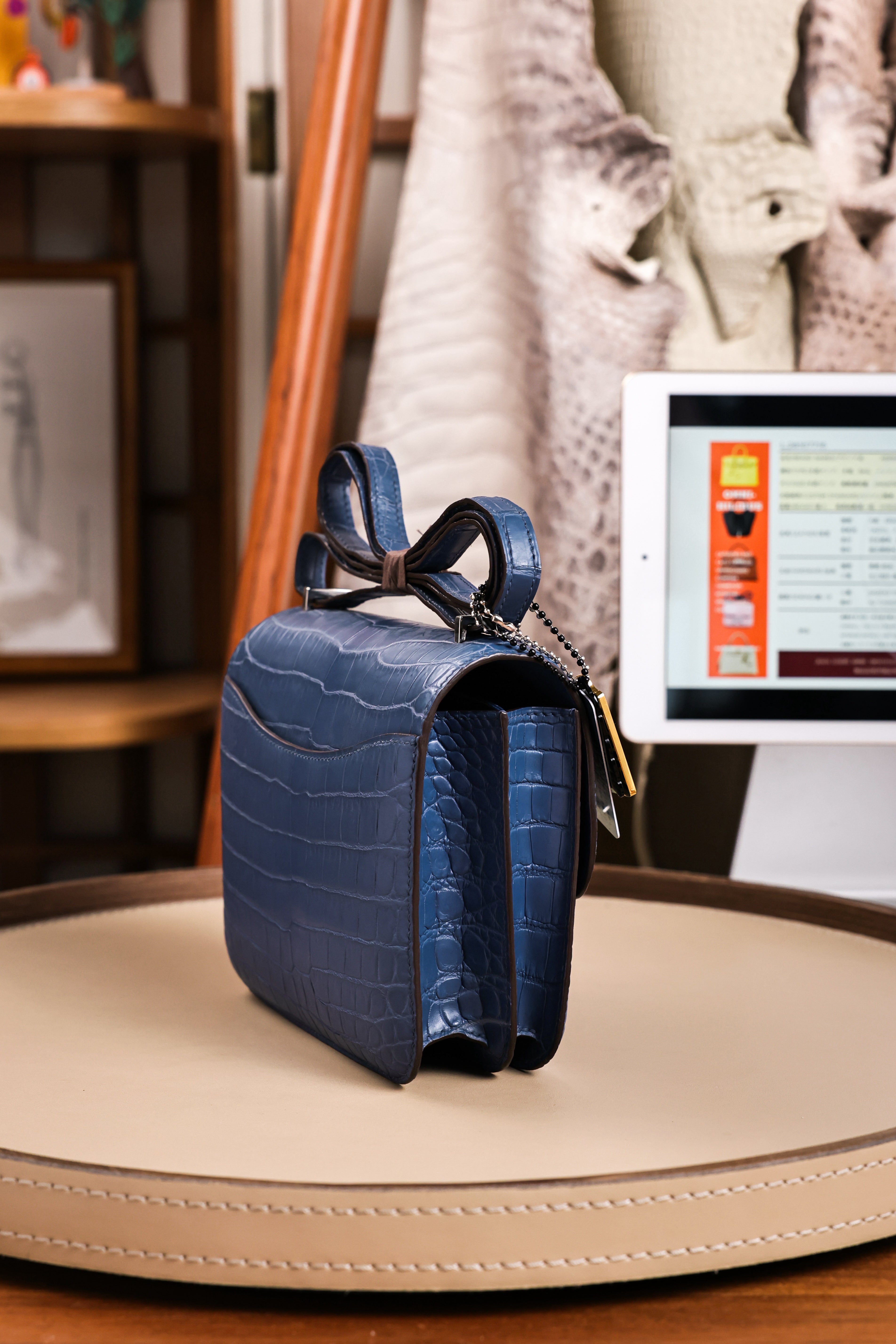 Constance- All Handmade Golden / Sliver Ocean blue Crocodile leather