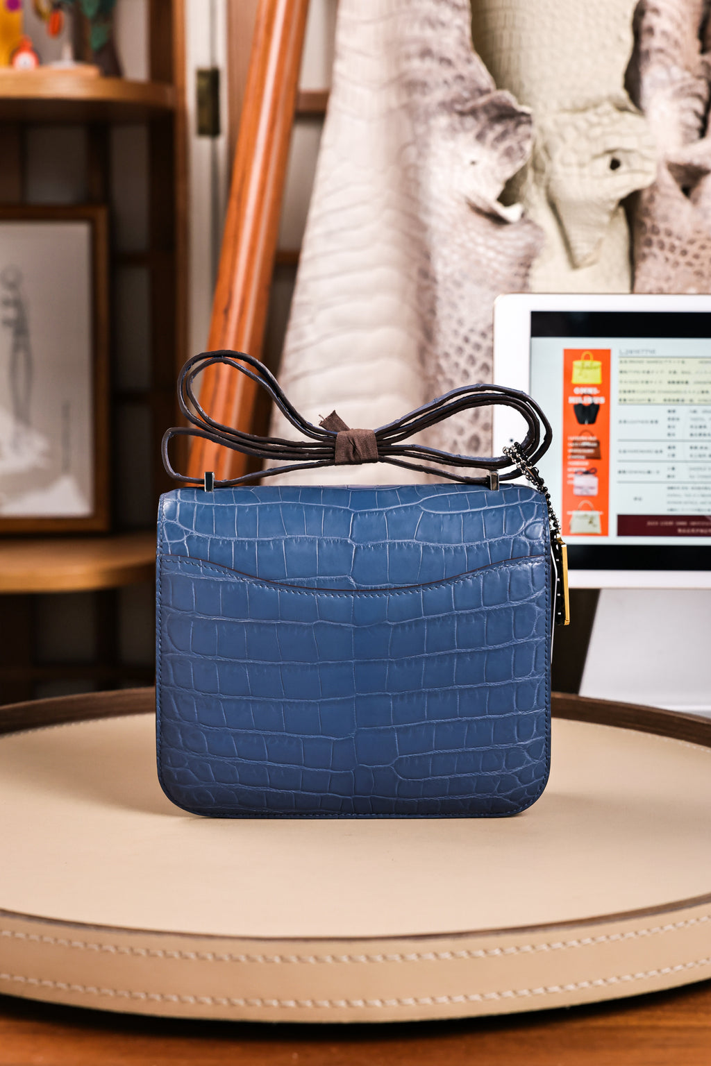 Constance- All Handmade Golden / Sliver Ocean blue Crocodile leather