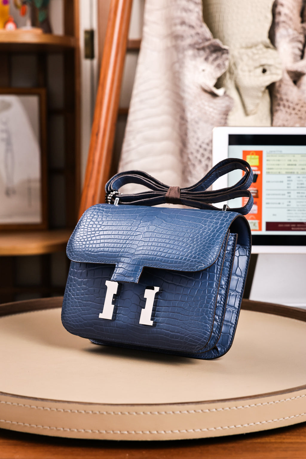 Constance- All Handmade Golden / Sliver Ocean blue Crocodile leather