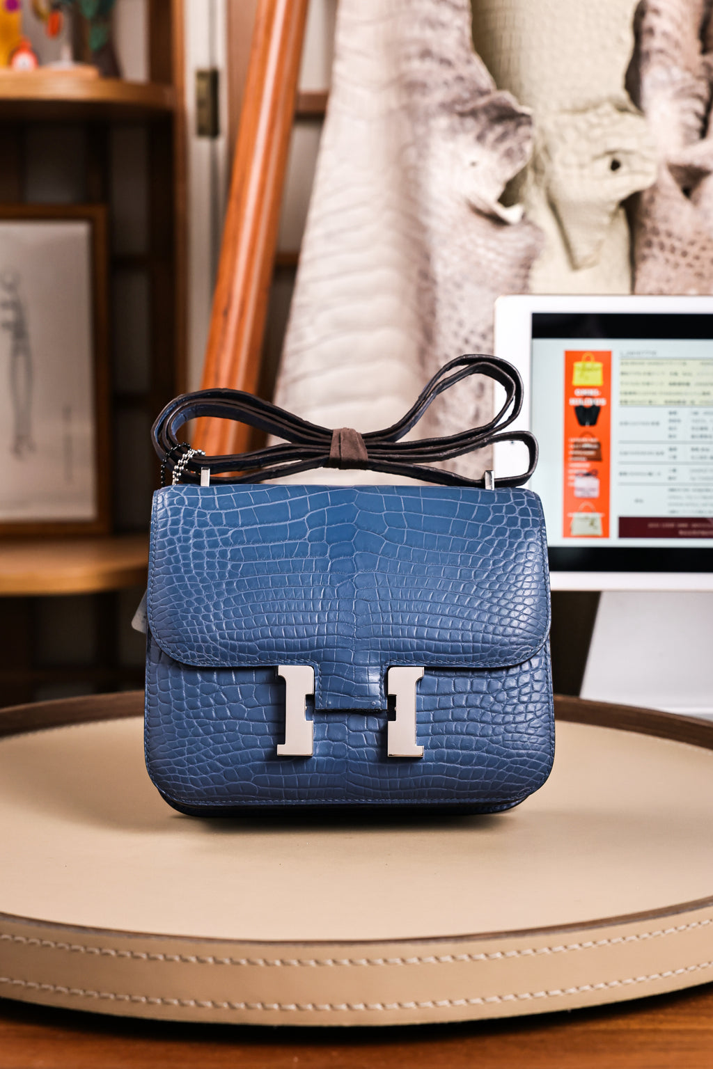 Constance- All Handmade Golden / Sliver Ocean blue Crocodile leather