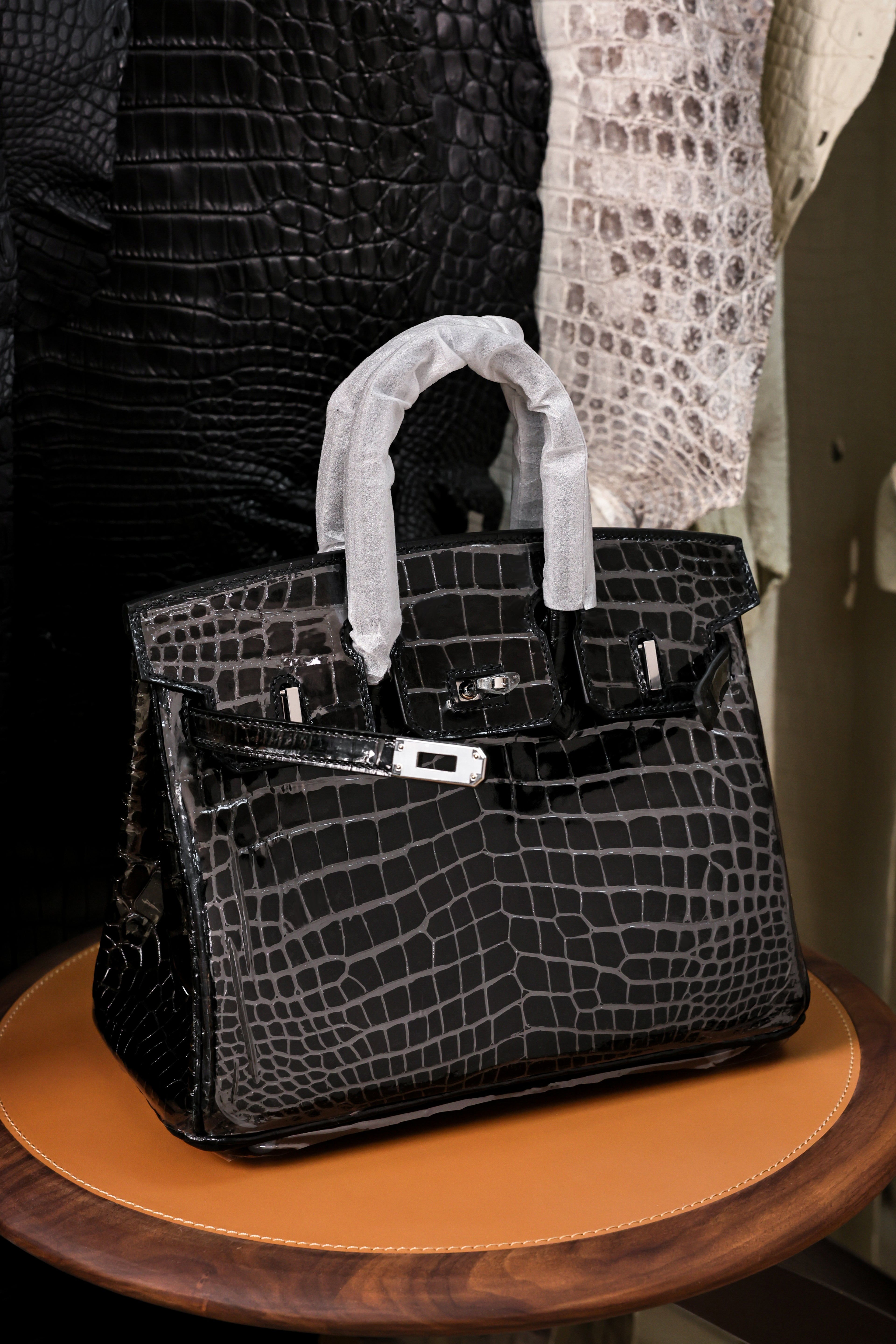 BK-2024 All Handmade Sliver Hardware Noir Bright surface American crocodile leather