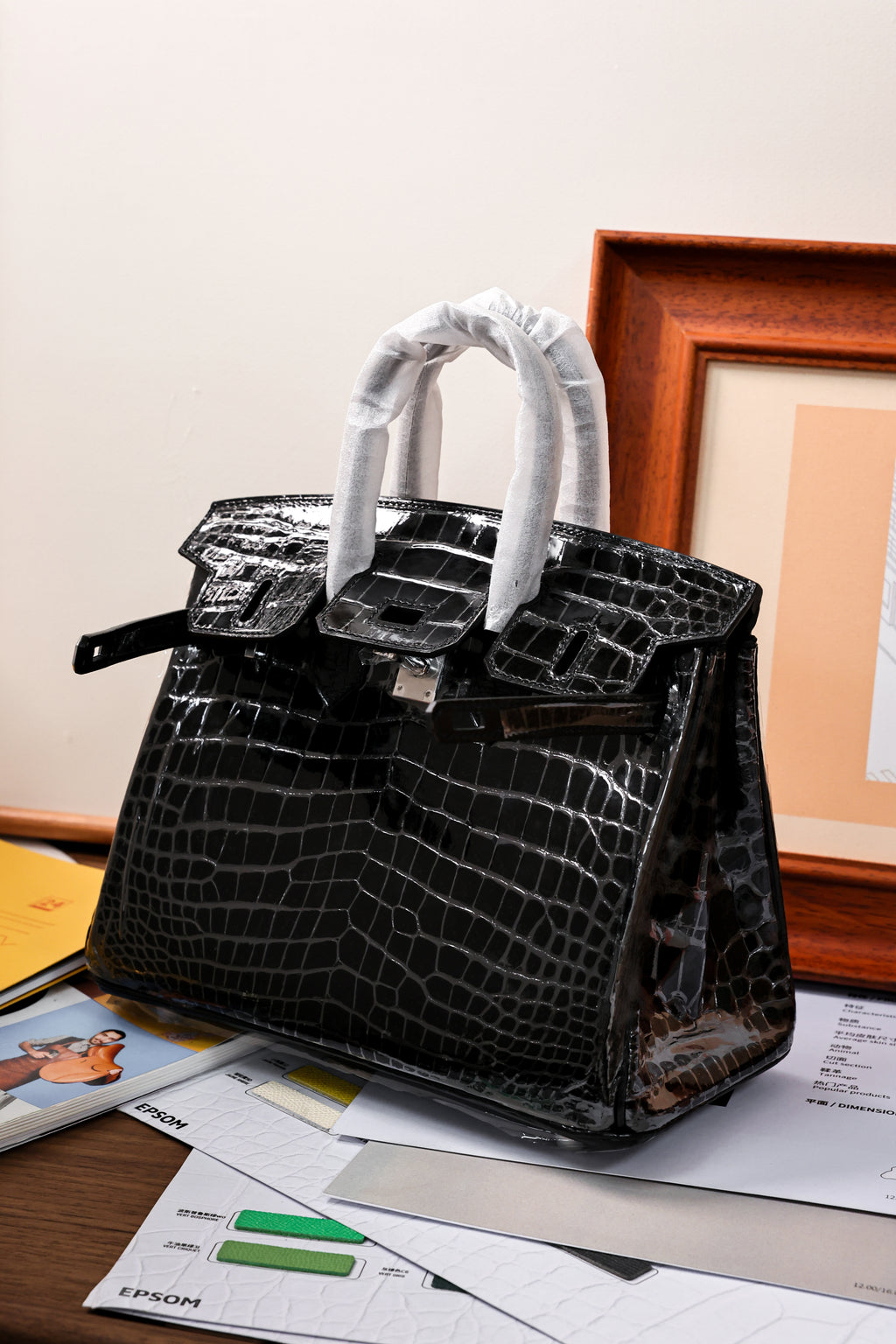 BK-2024 All Handmade Sliver Hardware Noir Bright surface American crocodile leather