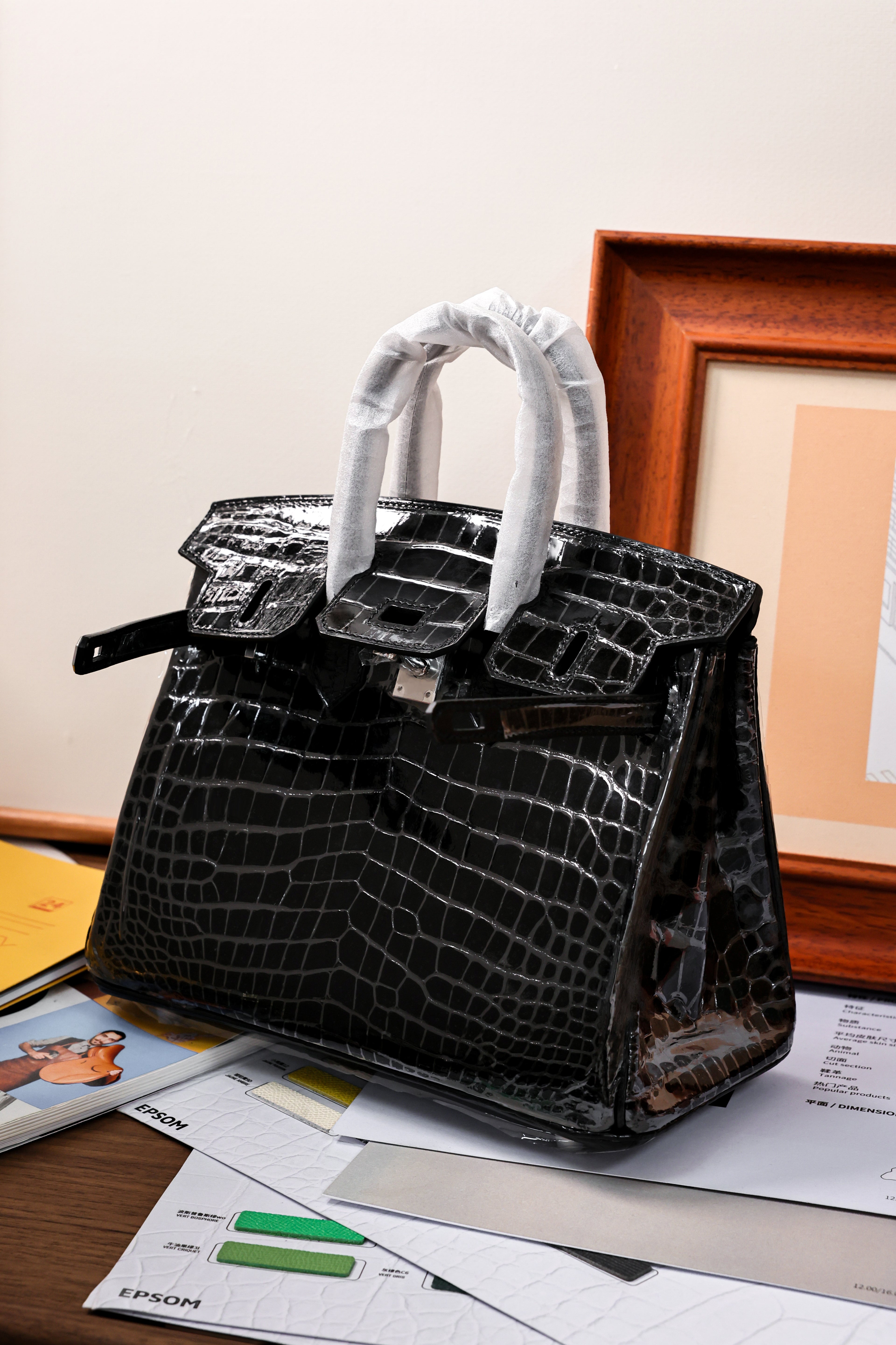 BK-2024 All Handmade Sliver Hardware Noir Bright surface American crocodile leather