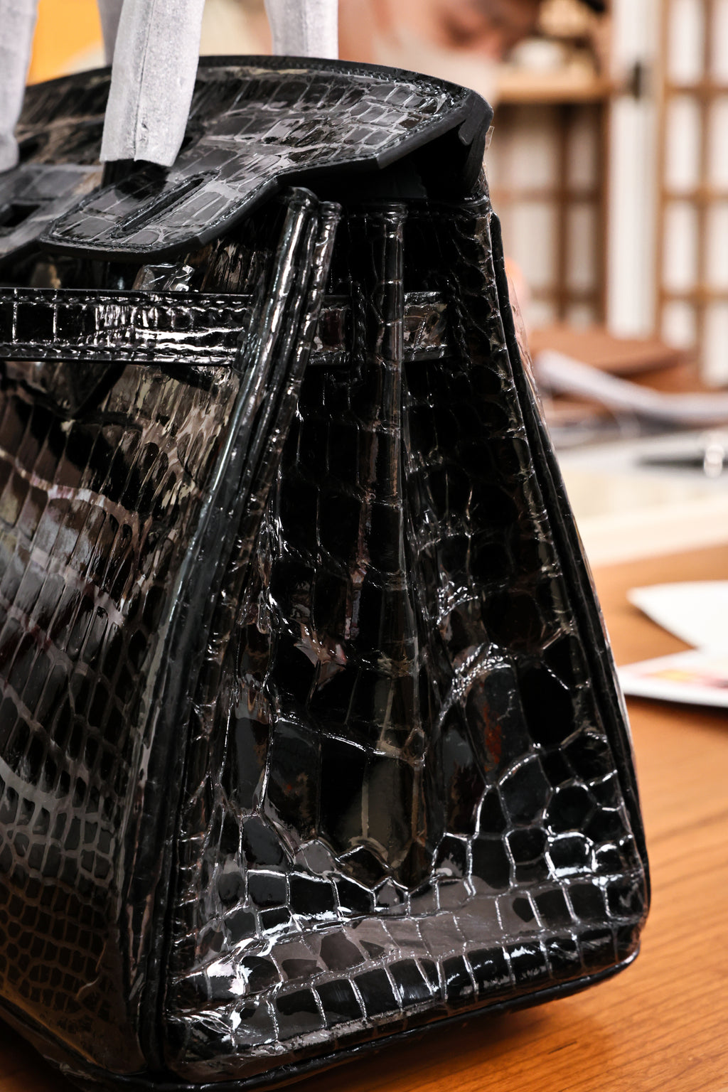 BK-2024 All Handmade Sliver Hardware Noir Bright surface American crocodile leather