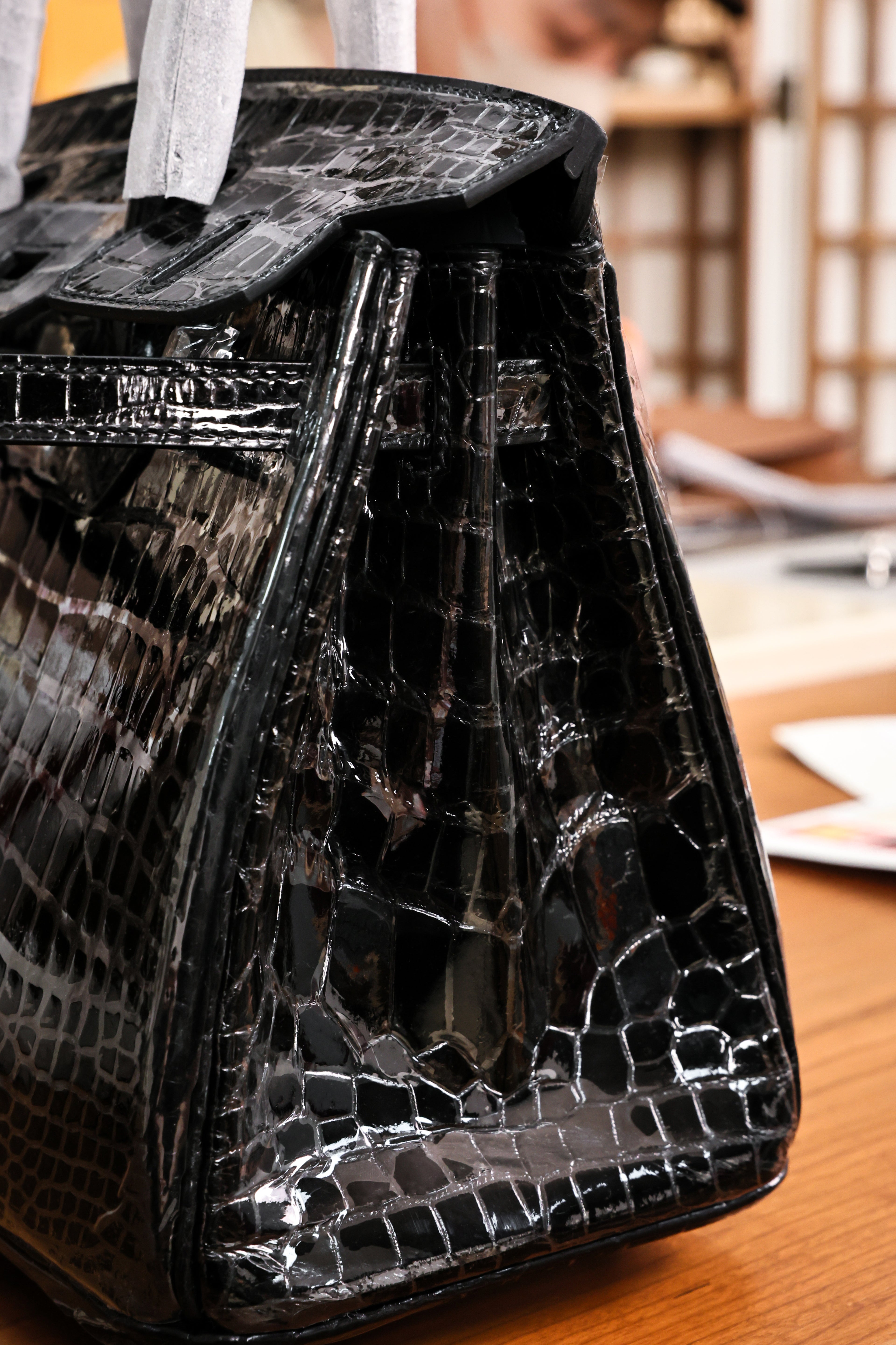 BK-2024 All Handmade Sliver Hardware Noir Bright surface American crocodile leather