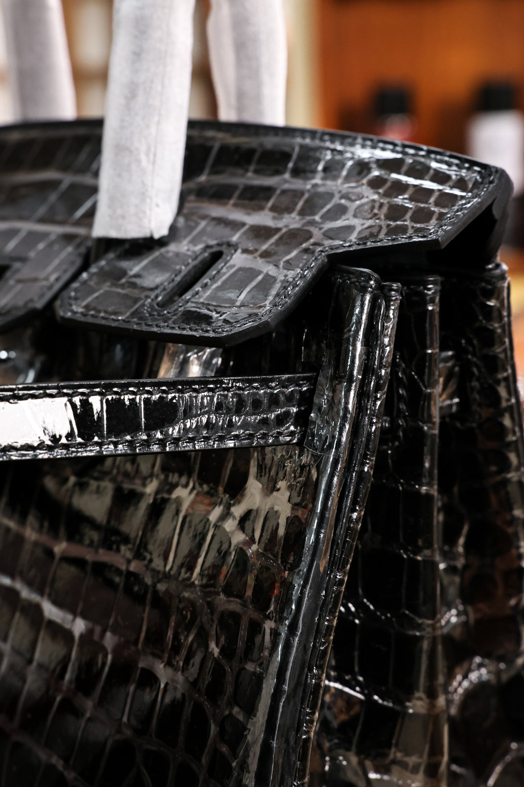 BK-2024 All Handmade Sliver Hardware Noir Bright surface American crocodile leather