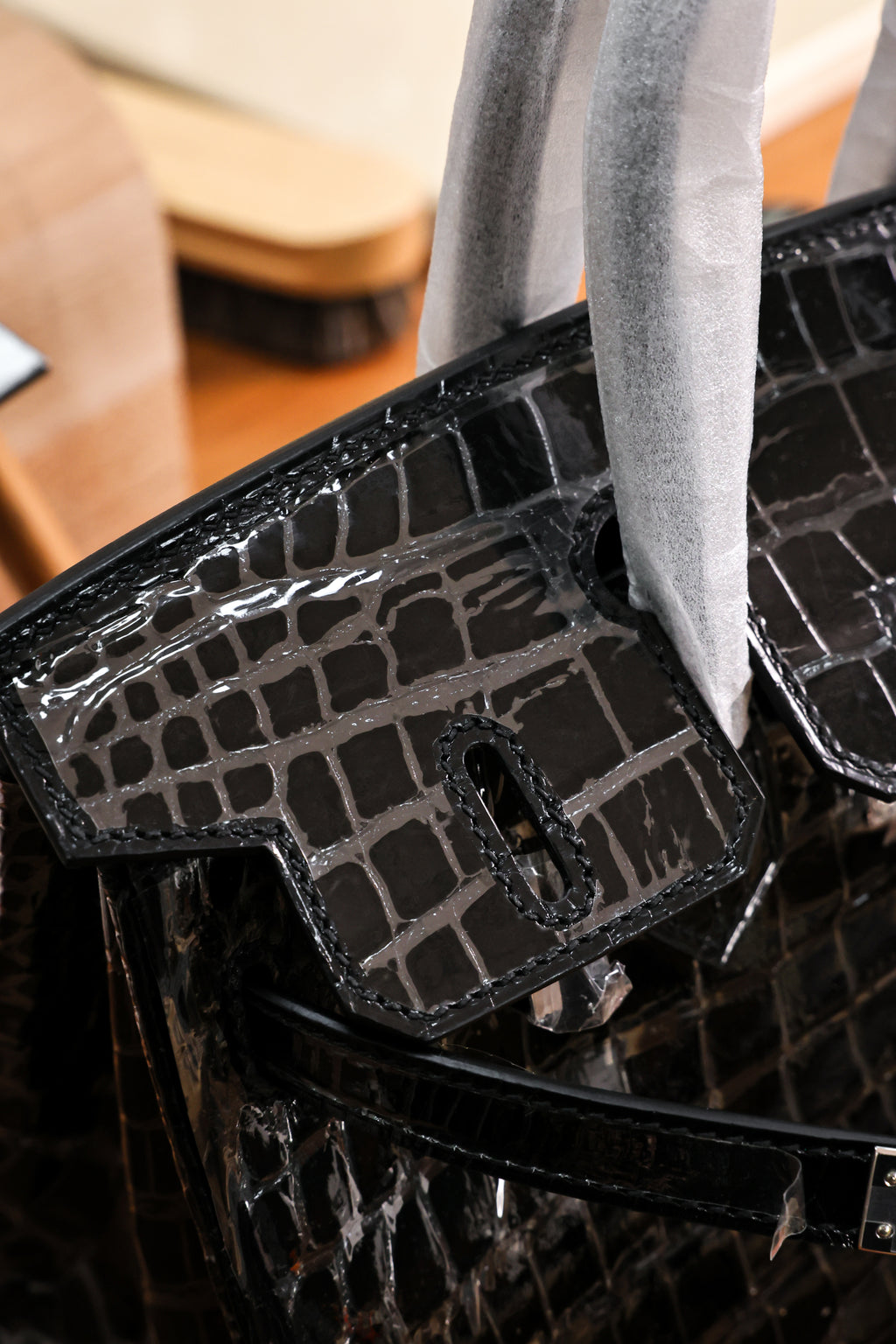 BK-2024 All Handmade Sliver Hardware Noir Bright surface American crocodile leather