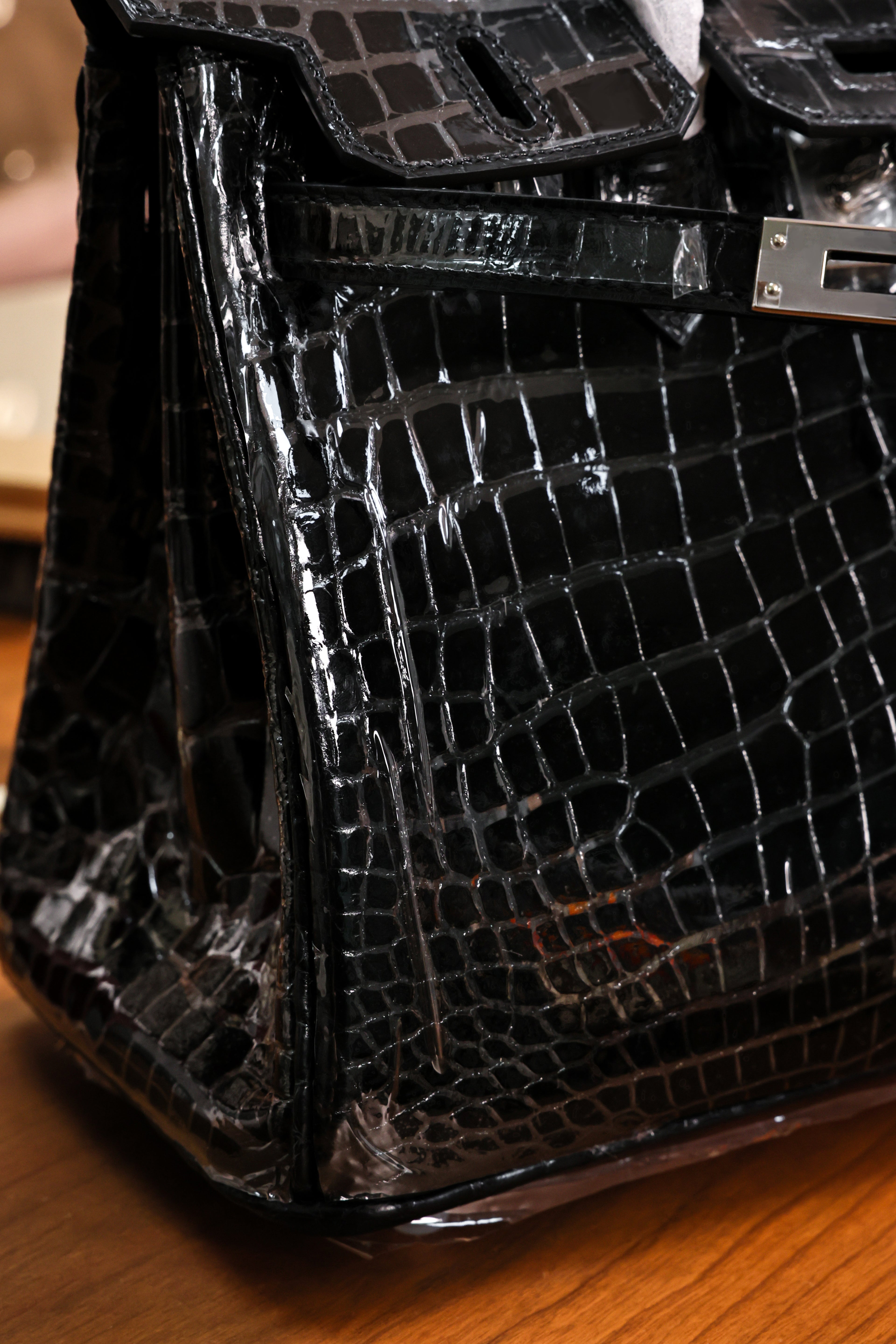BK-2024 All Handmade Sliver Hardware Noir Bright surface American crocodile leather