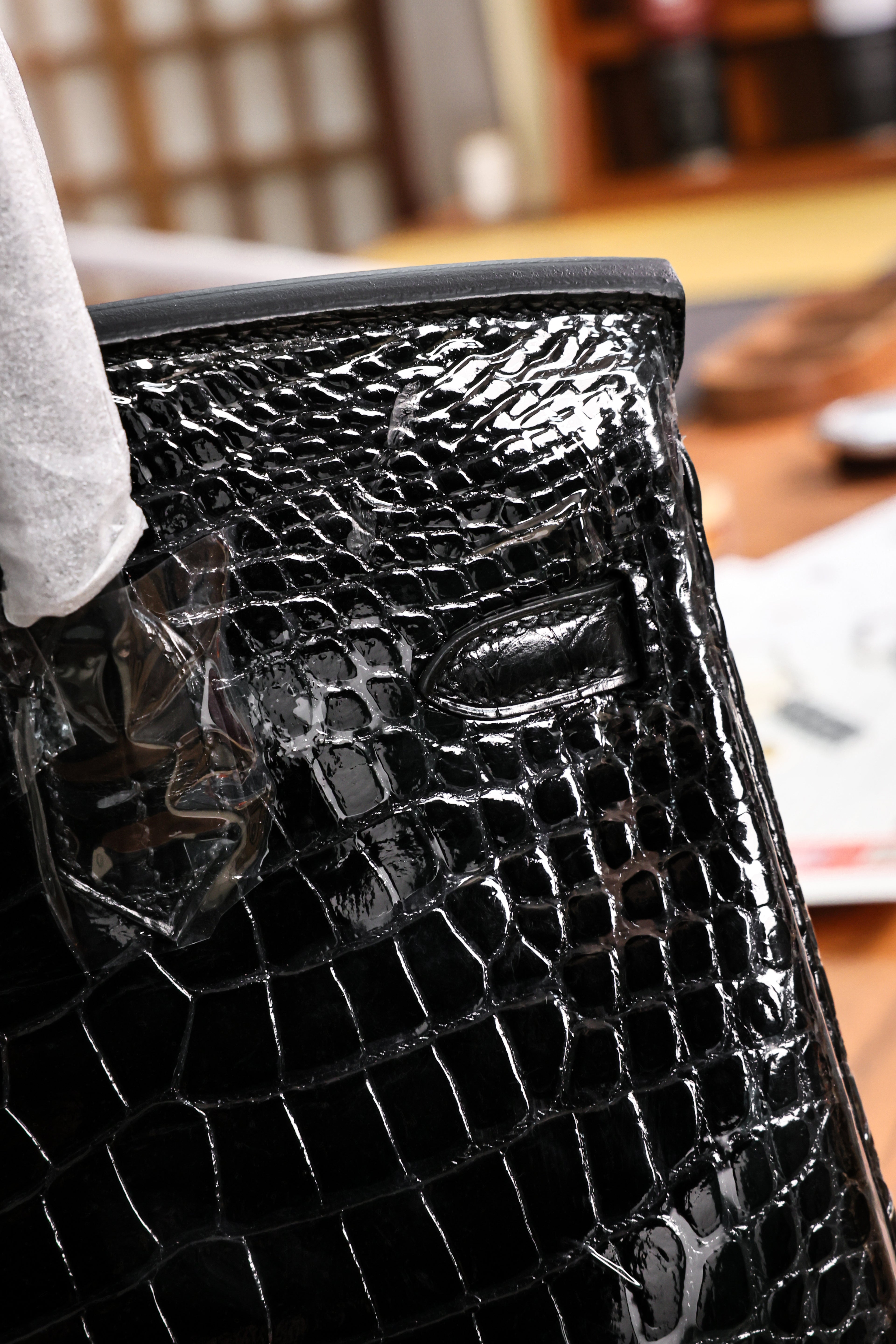 BK-2024 All Handmade Sliver Hardware Noir Bright surface American crocodile leather
