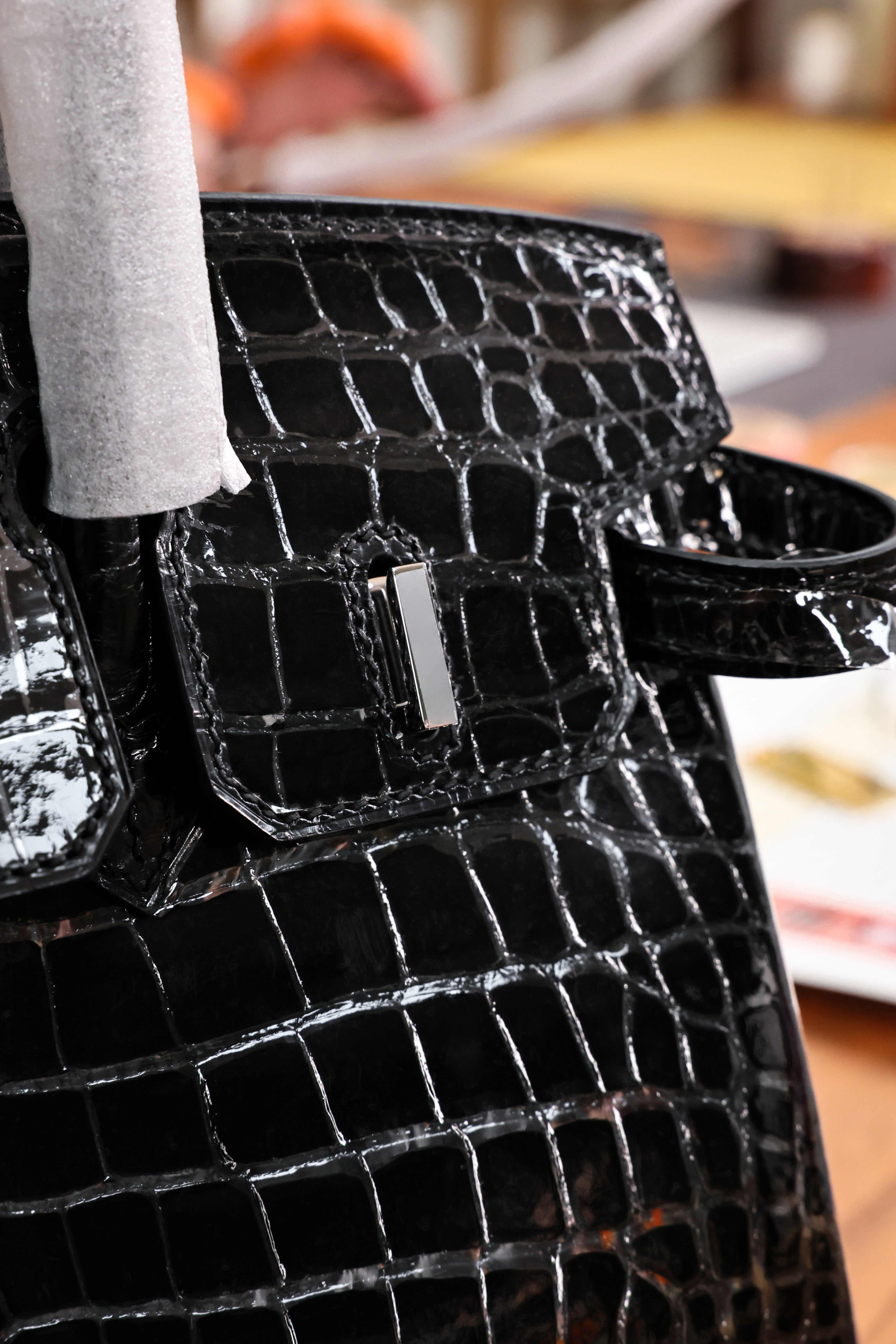 BK-2024 All Handmade Sliver Hardware Noir Bright surface American crocodile leather