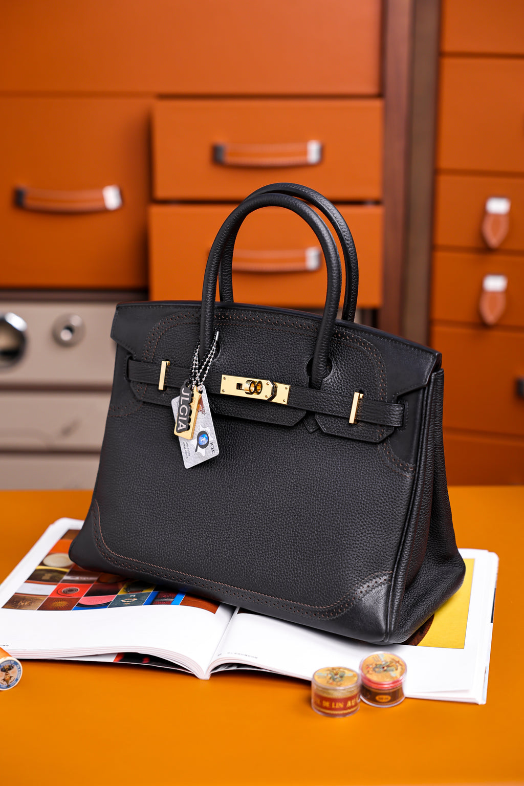 Birkin- All Handmade Golden / Sliver Noir  togo leather