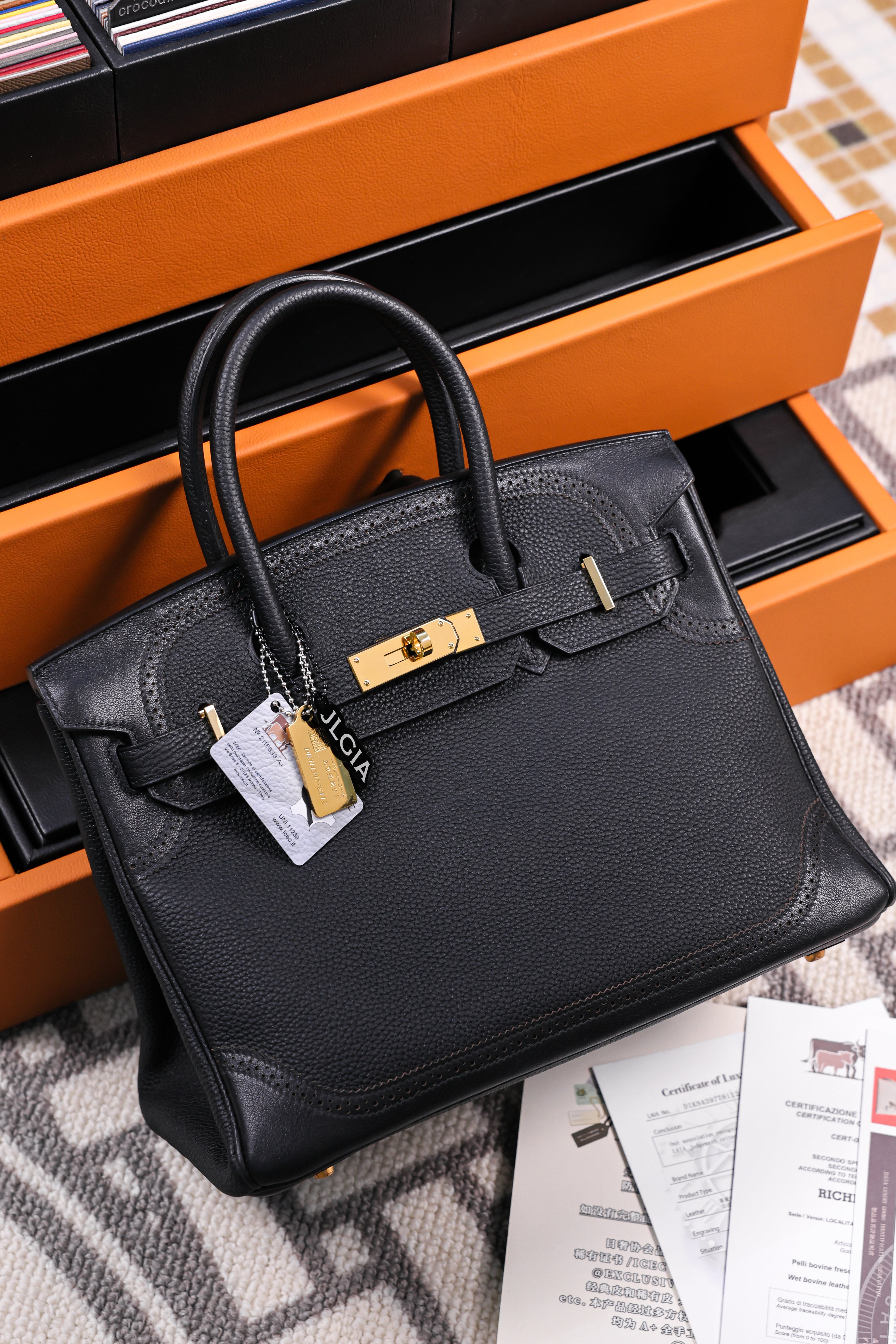 Birkin- All Handmade Golden / Sliver Noir  togo leather
