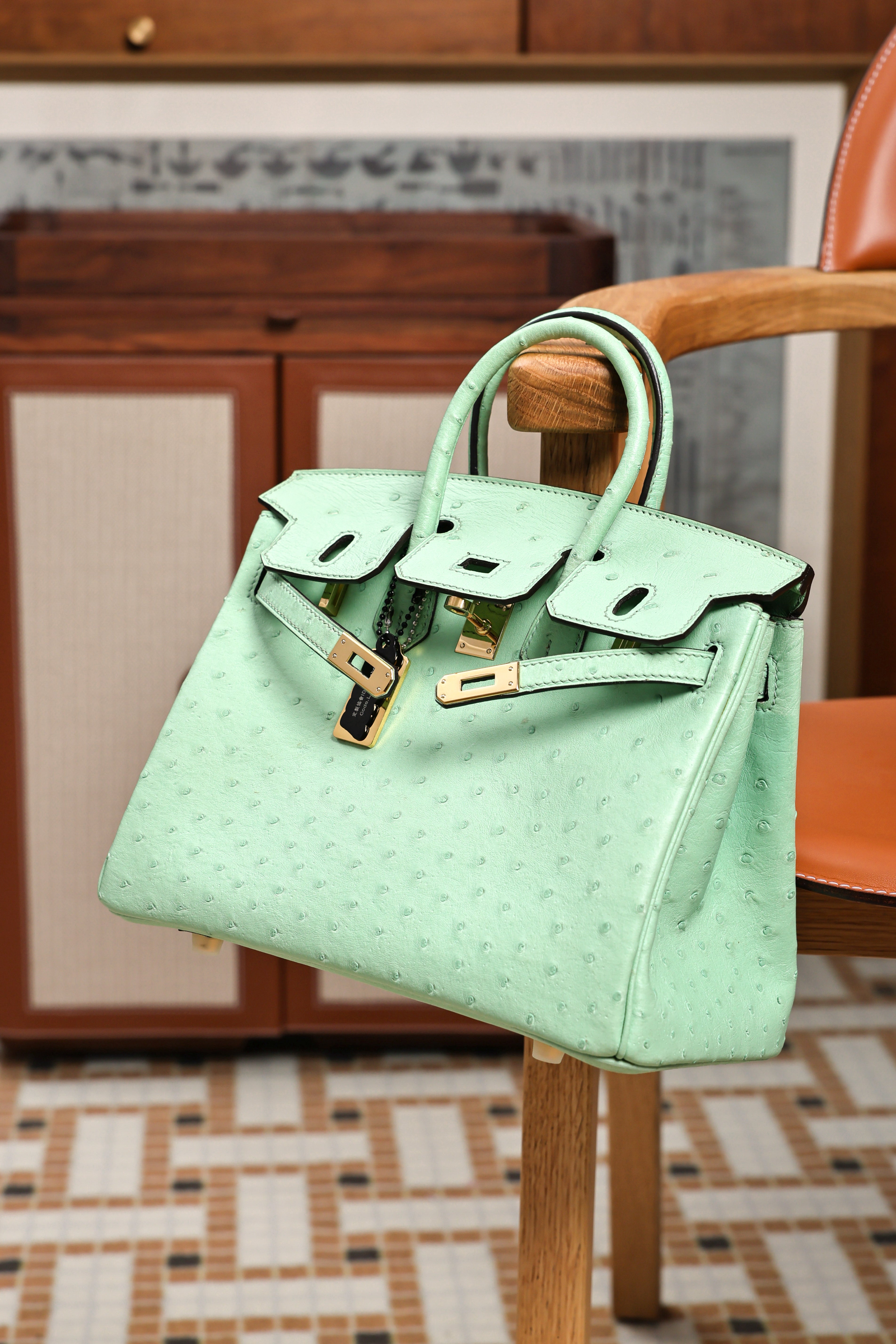 Birkin- All Handmade Golden / Sliver  Avocado green Ostrich leather