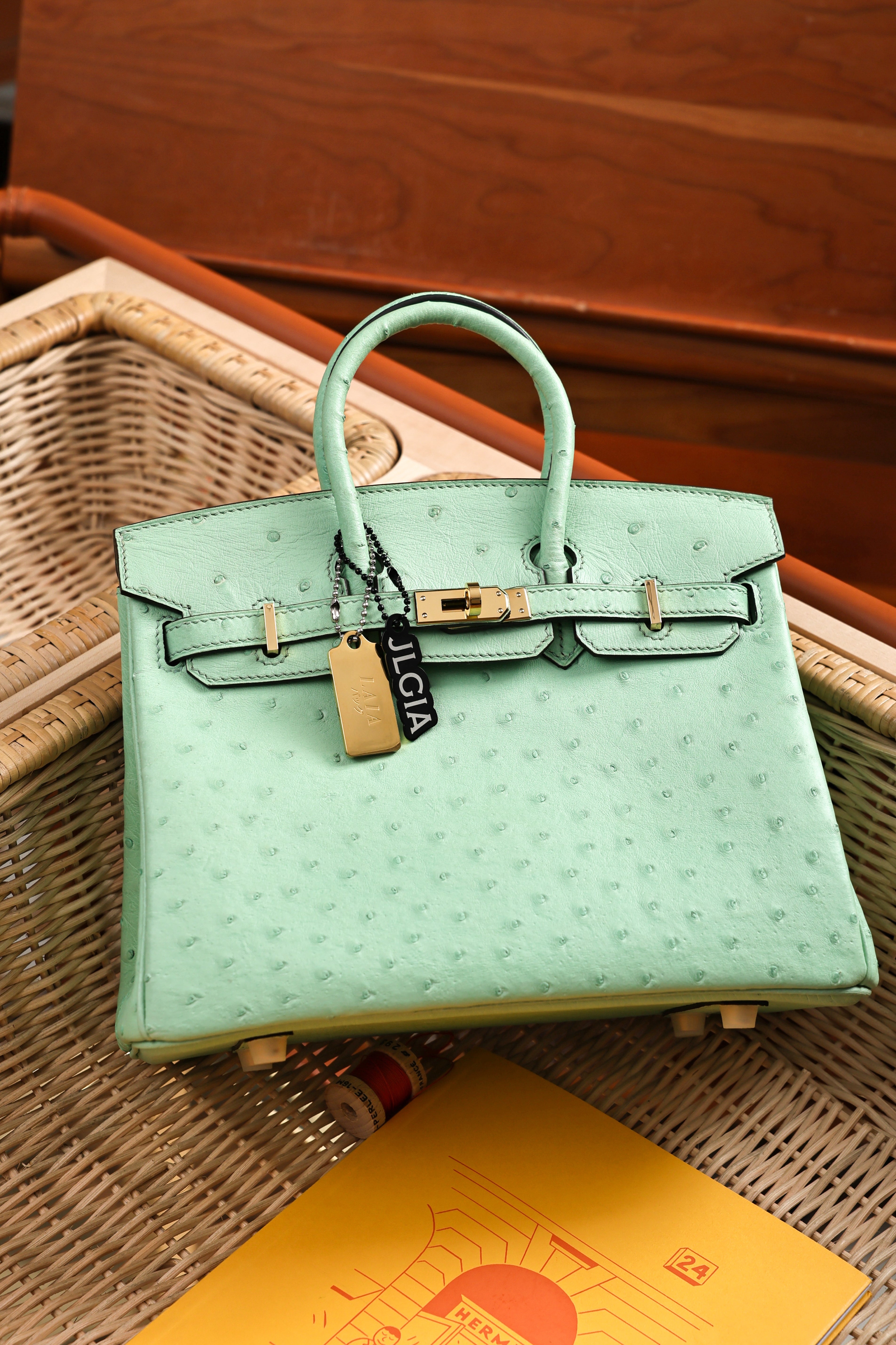 Birkin- All Handmade Golden / Sliver  Avocado green Ostrich leather