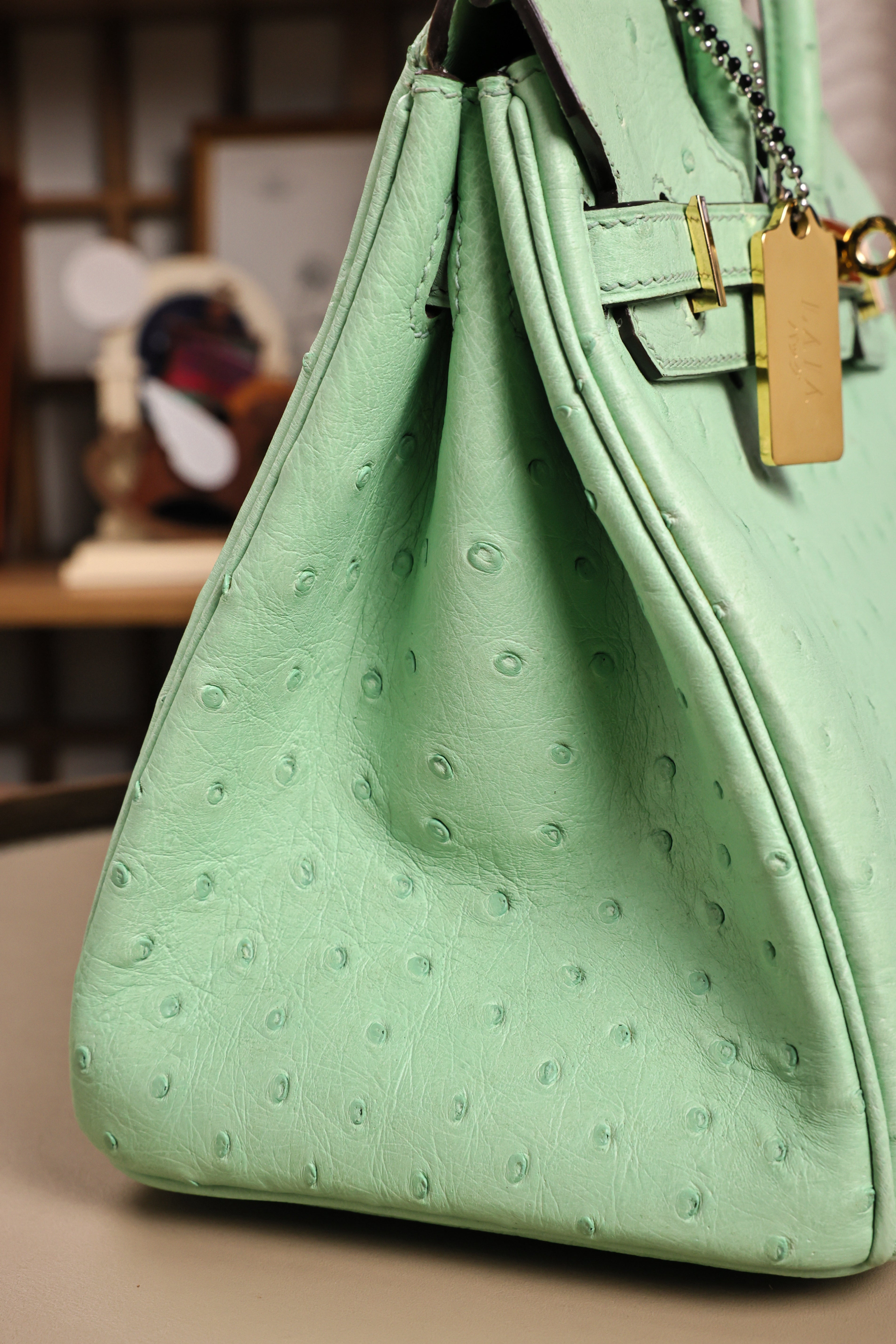 Birkin- All Handmade Golden / Sliver  Avocado green Ostrich leather