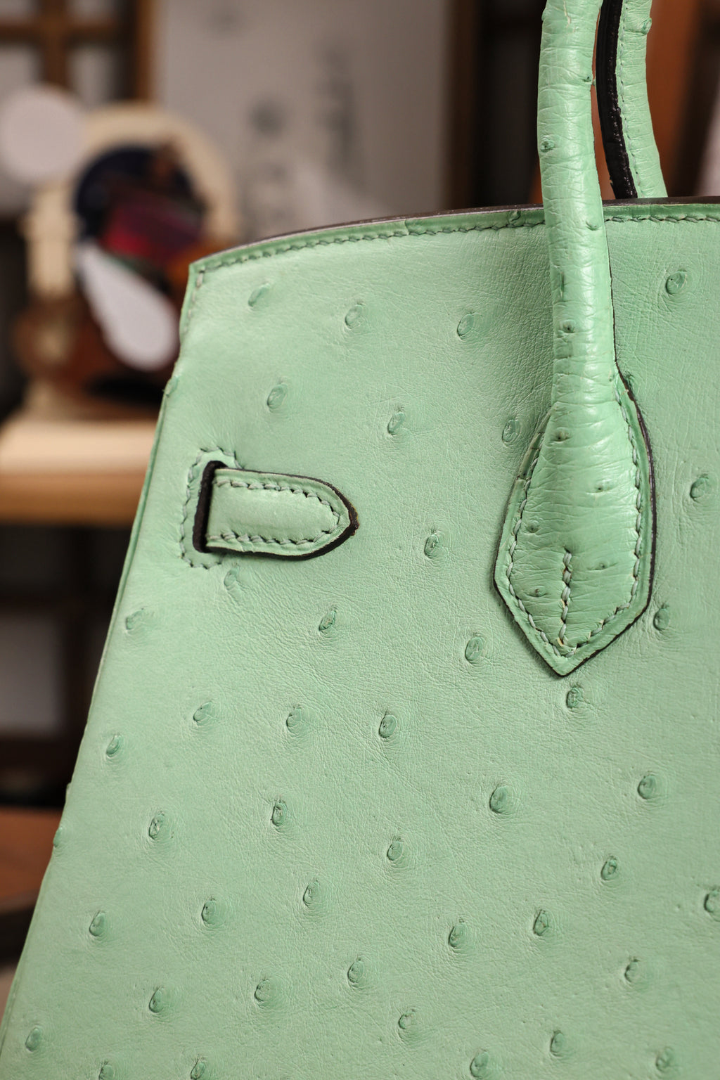 Birkin- All Handmade Golden / Sliver  Avocado green Ostrich leather