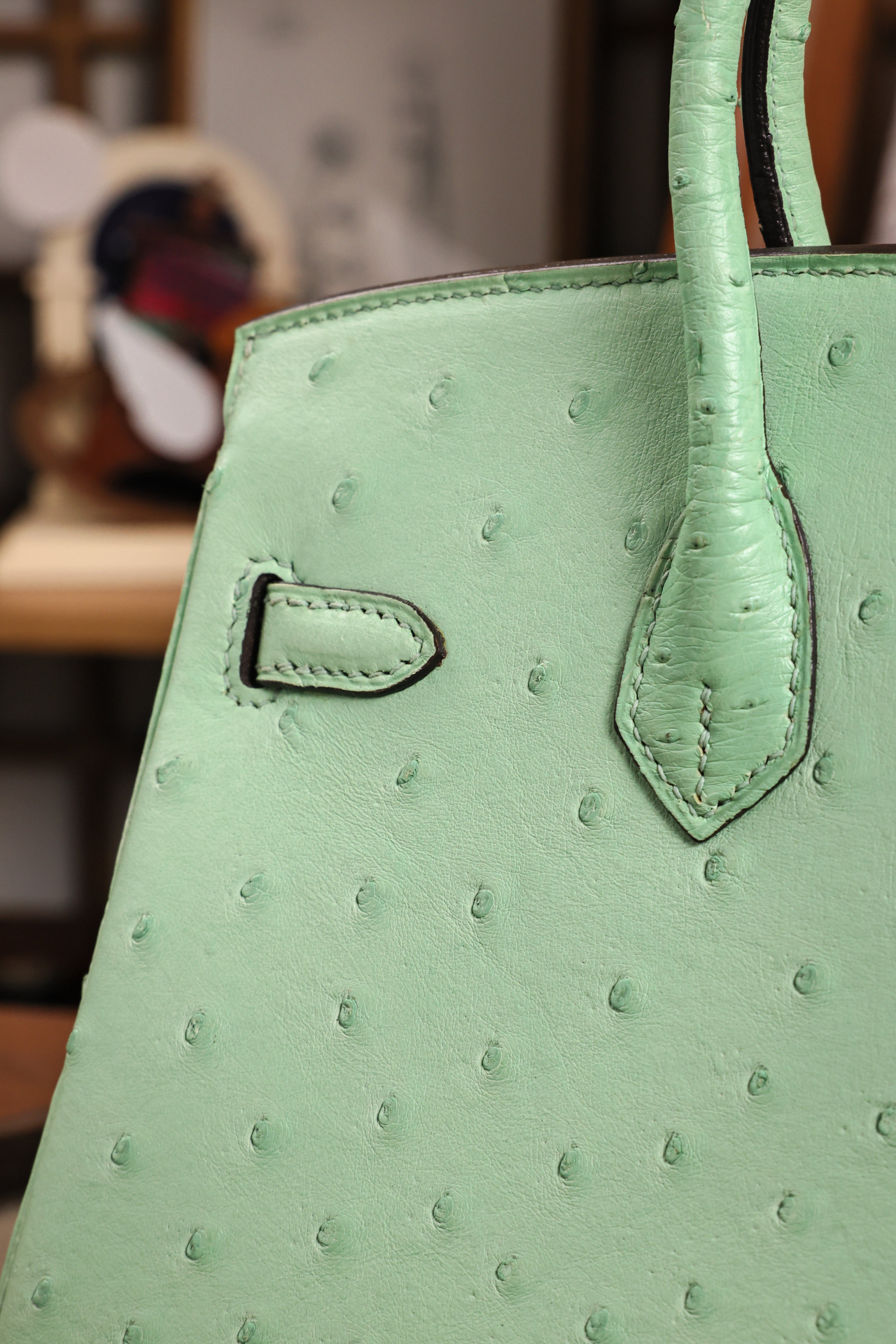 Birkin- All Handmade Golden / Sliver  Avocado green Ostrich leather