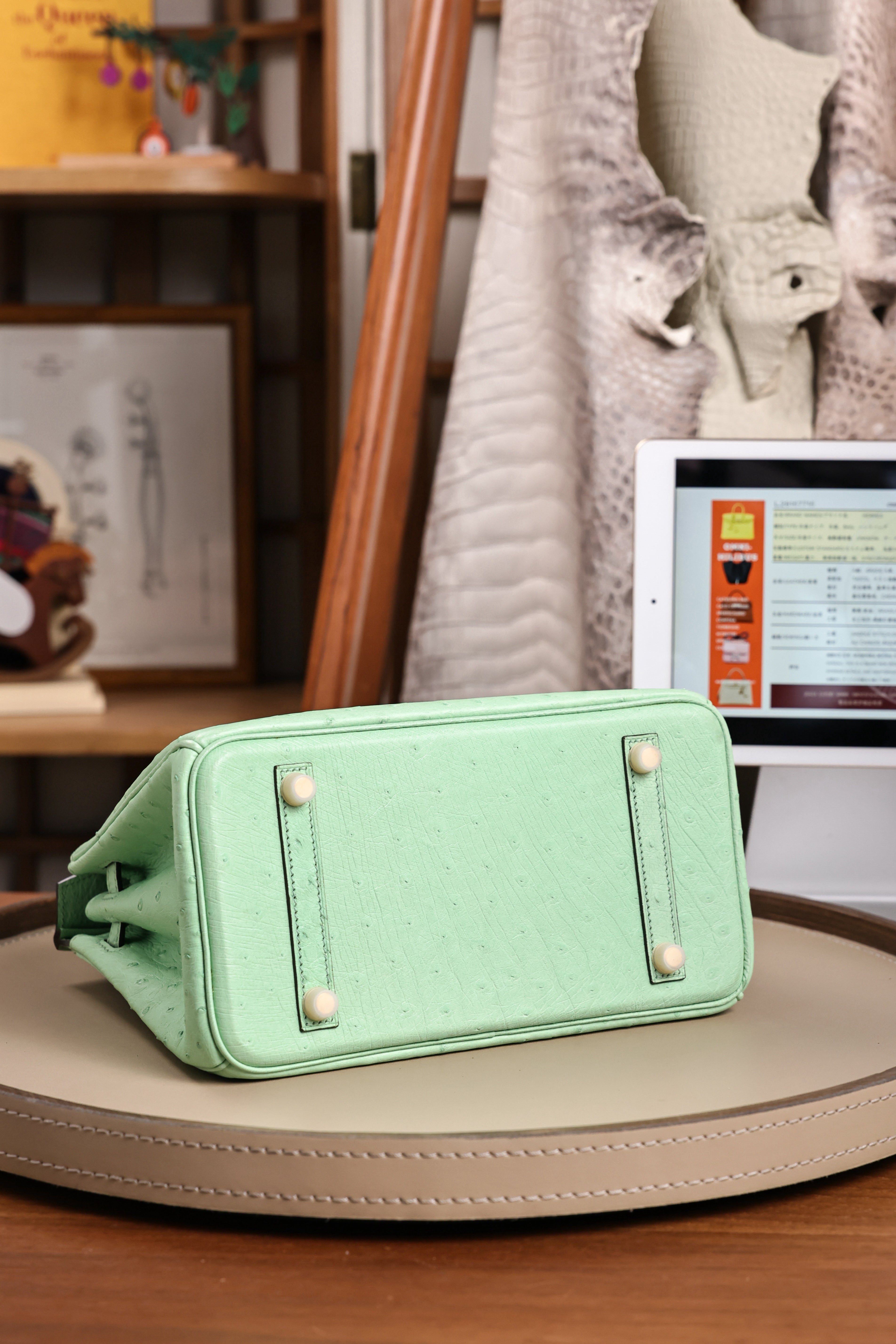 Birkin- All Handmade Golden / Sliver  Avocado green Ostrich leather