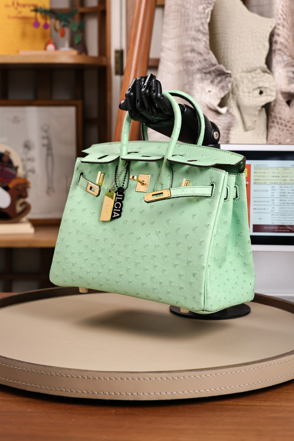 Birkin- All Handmade Golden / Sliver  Avocado green Ostrich leather