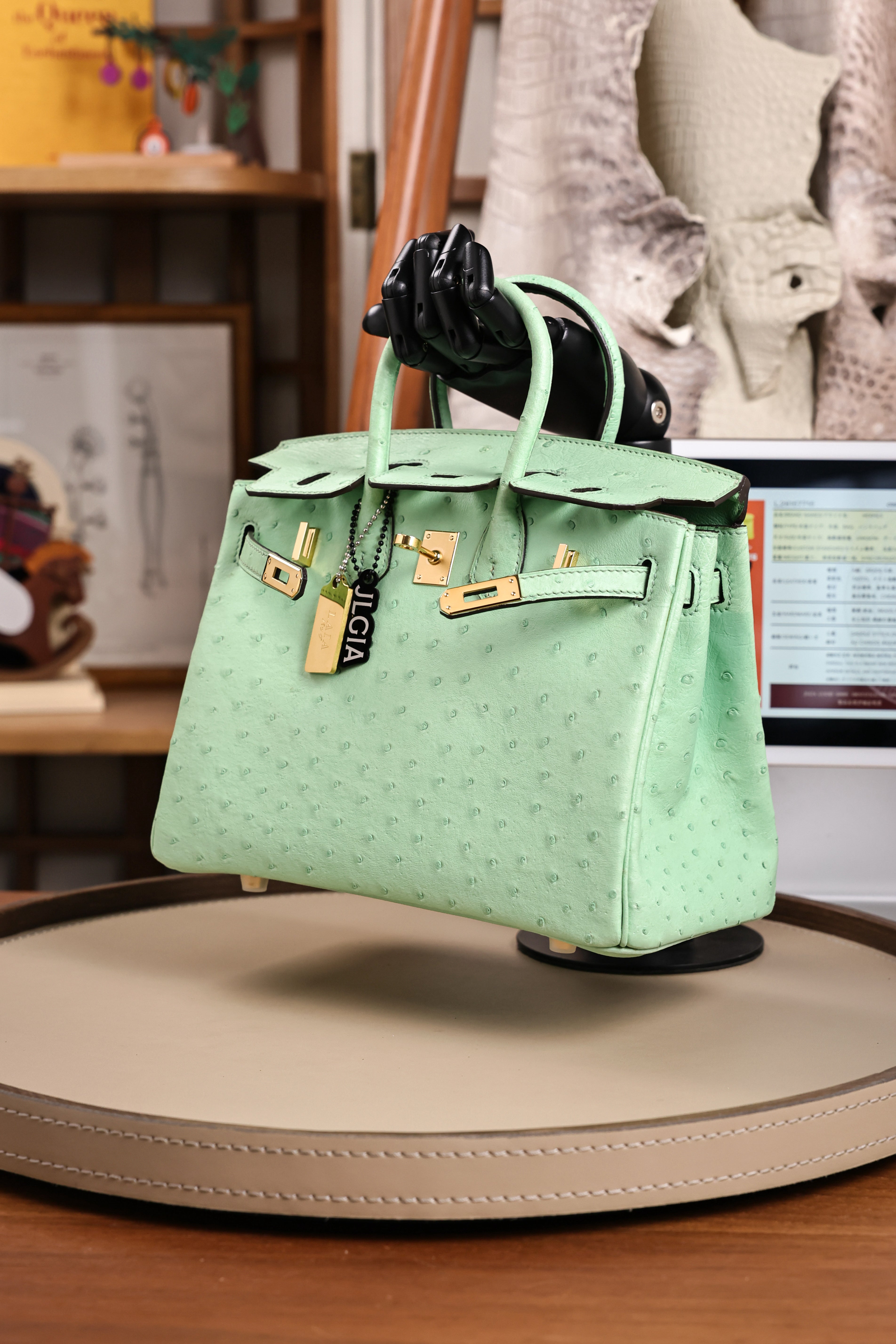 Birkin- All Handmade Golden / Sliver  Avocado green Ostrich leather