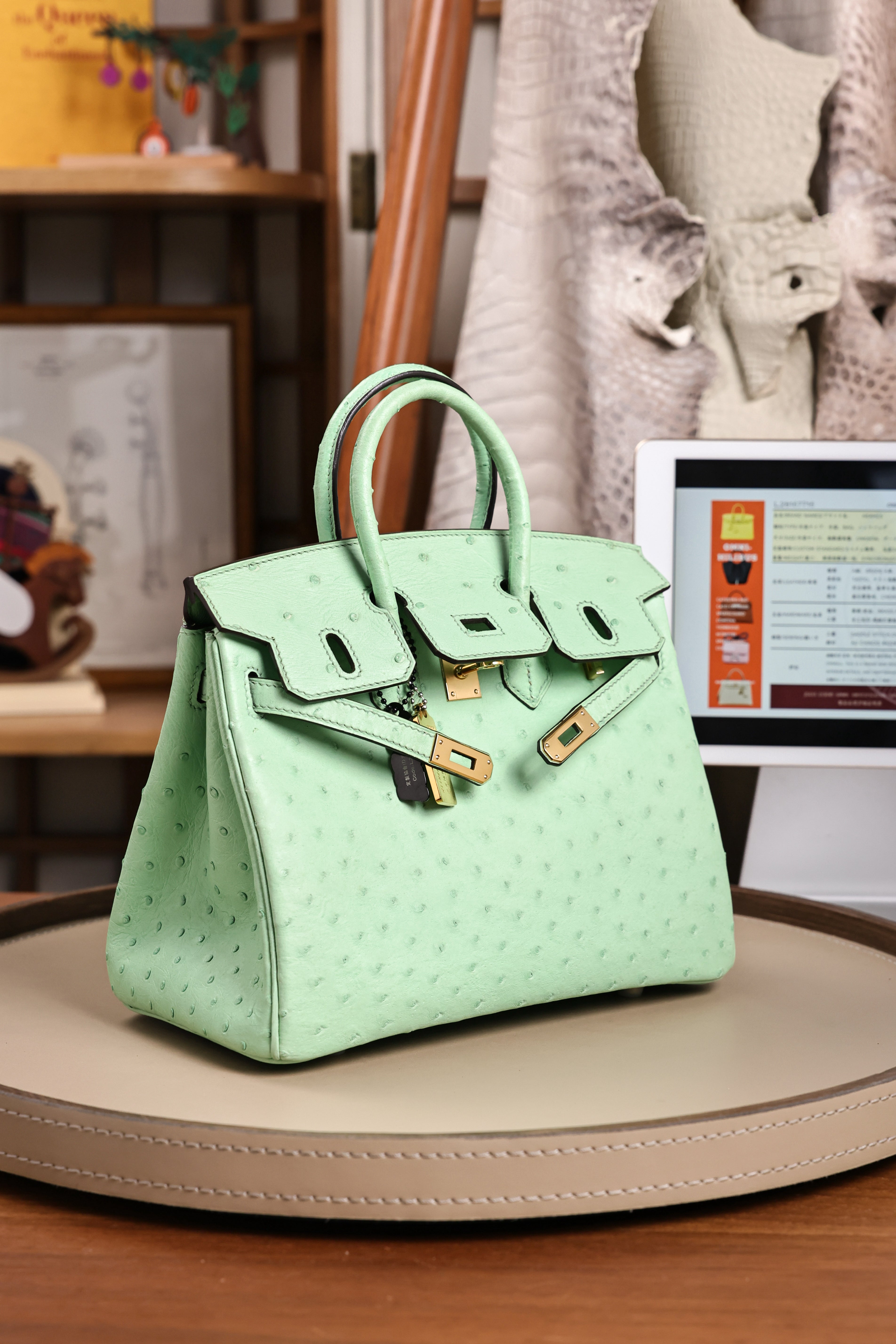 Birkin- All Handmade Golden / Sliver  Avocado green Ostrich leather