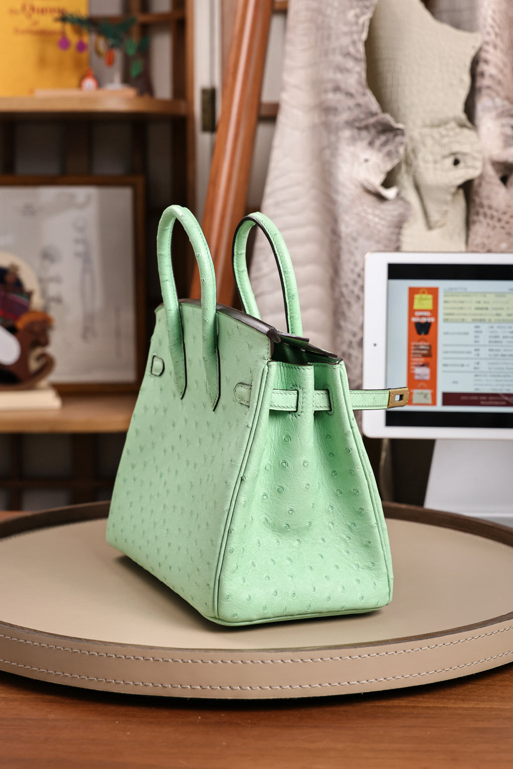Birkin- All Handmade Golden / Sliver  Avocado green Ostrich leather