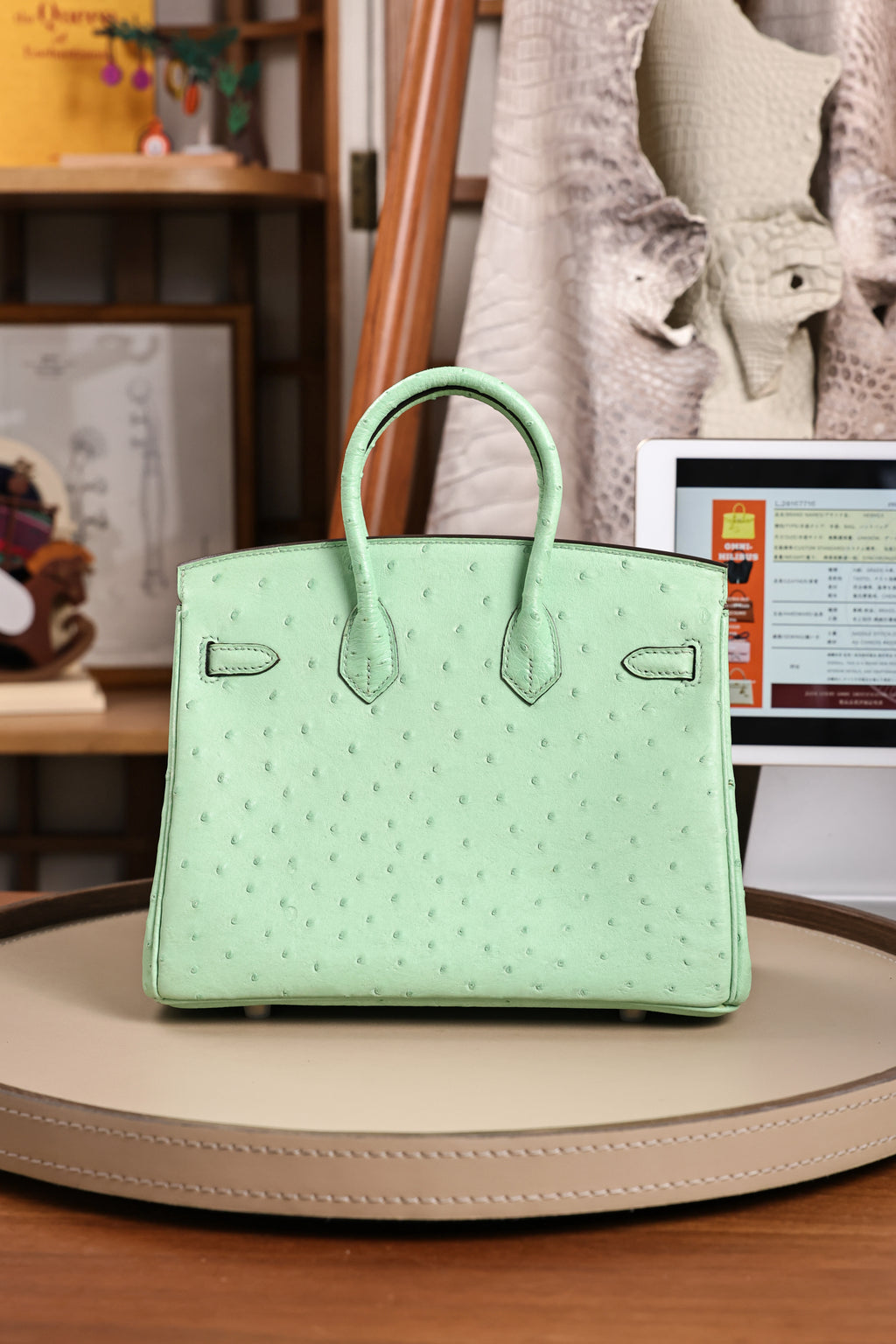 Birkin- All Handmade Golden / Sliver  Avocado green Ostrich leather
