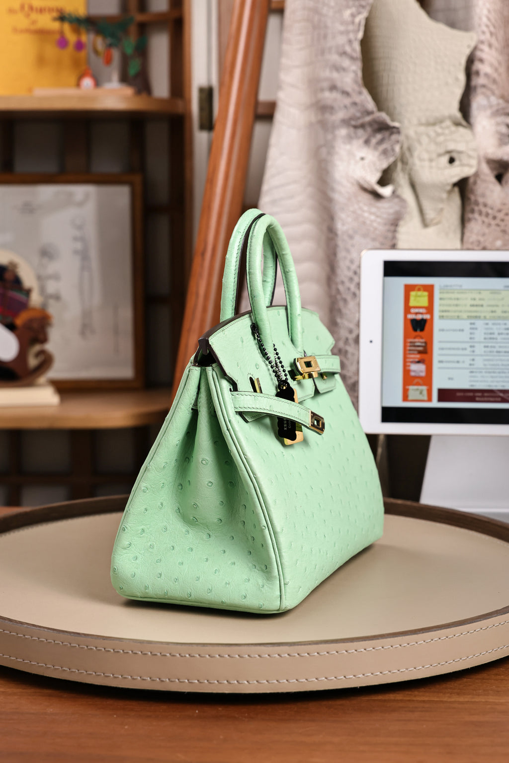 Birkin- All Handmade Golden / Sliver  Avocado green Ostrich leather