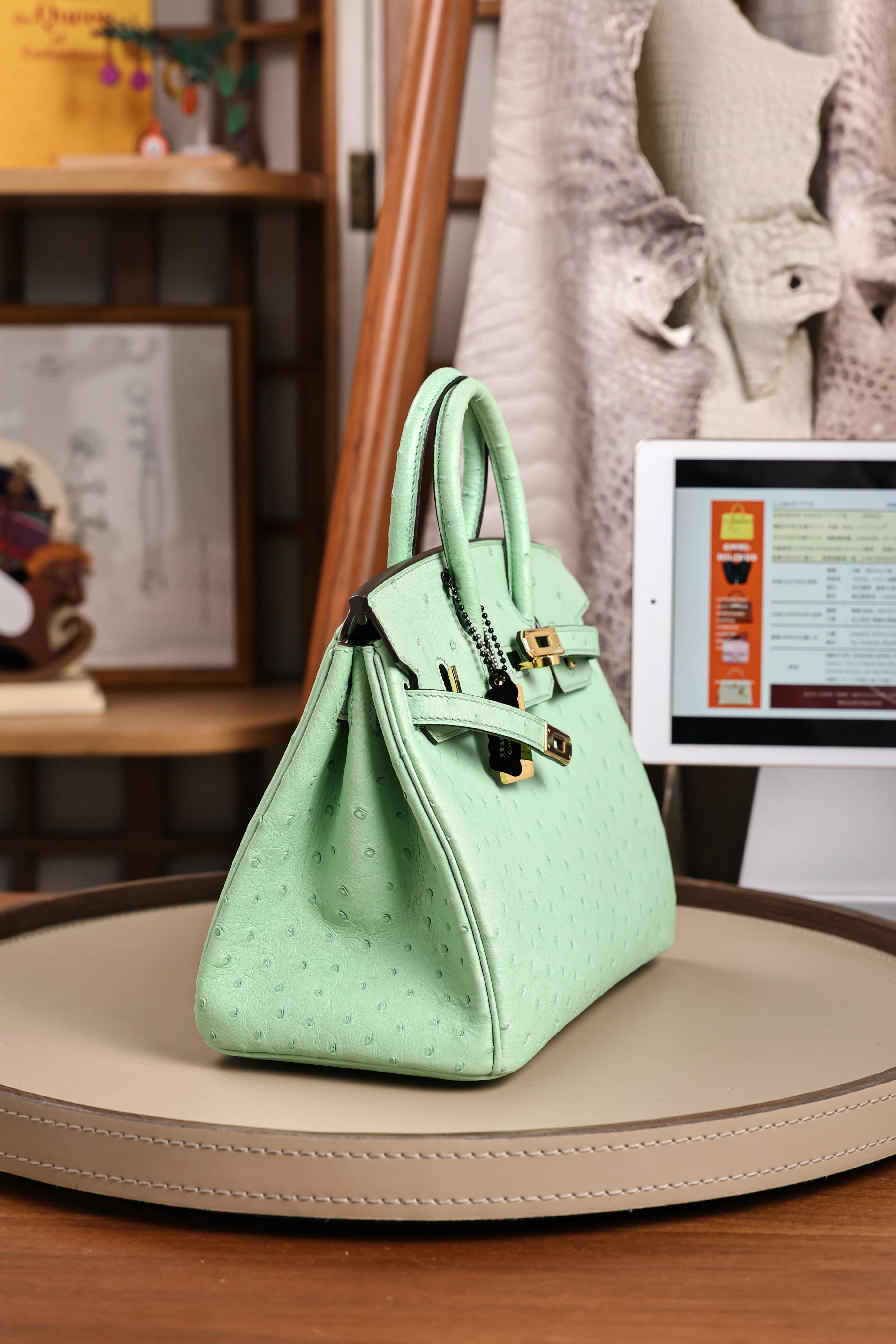 Birkin- All Handmade Golden / Sliver  Avocado green Ostrich leather