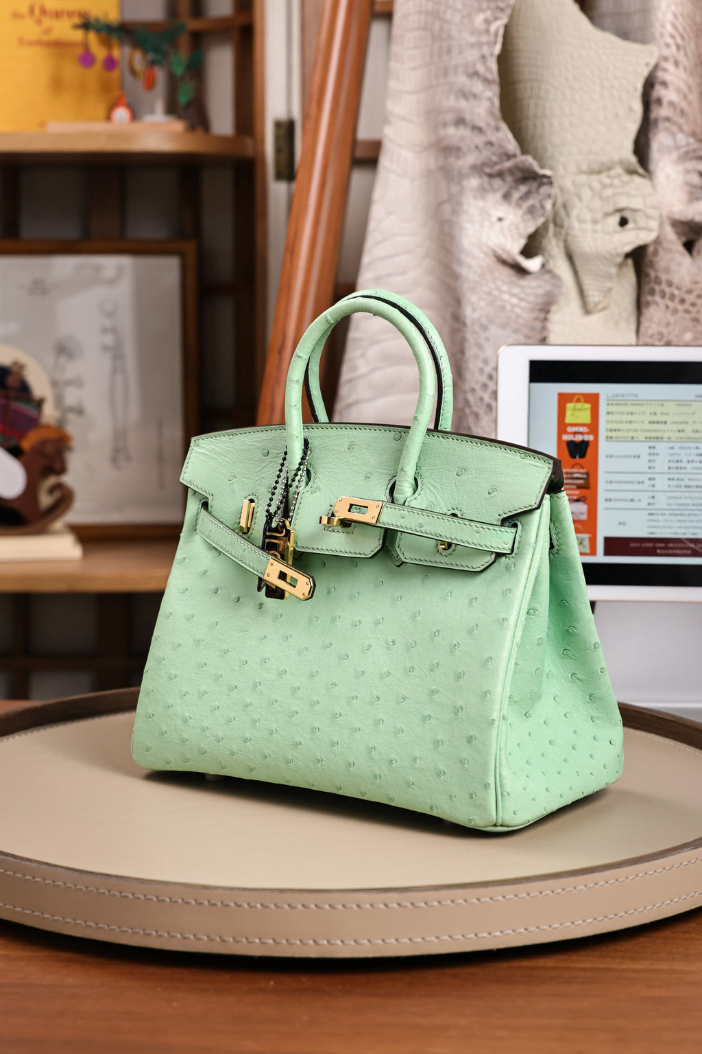 Birkin- All Handmade Golden / Sliver  Avocado green Ostrich leather