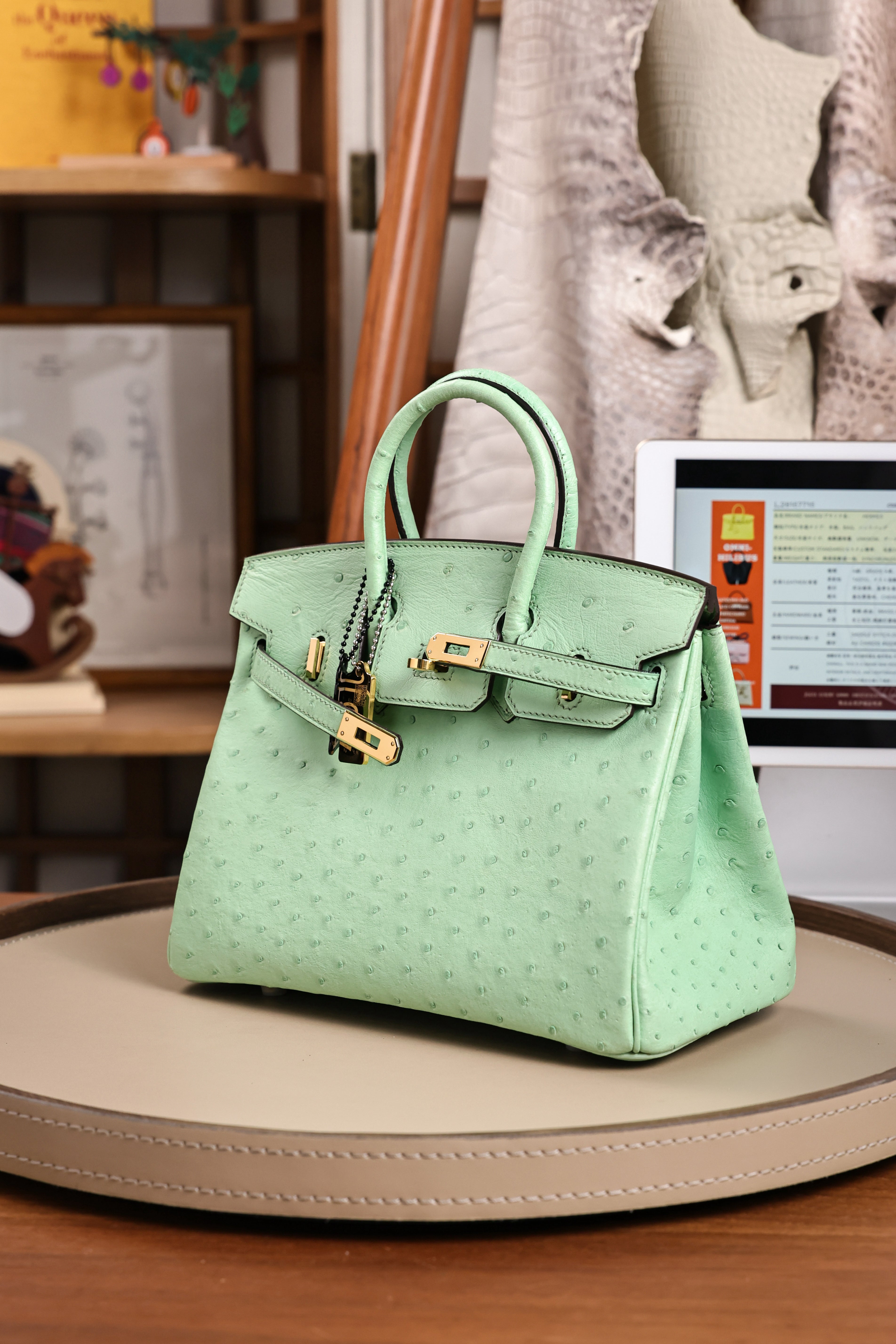 Birkin- All Handmade Golden / Sliver  Avocado green Ostrich leather