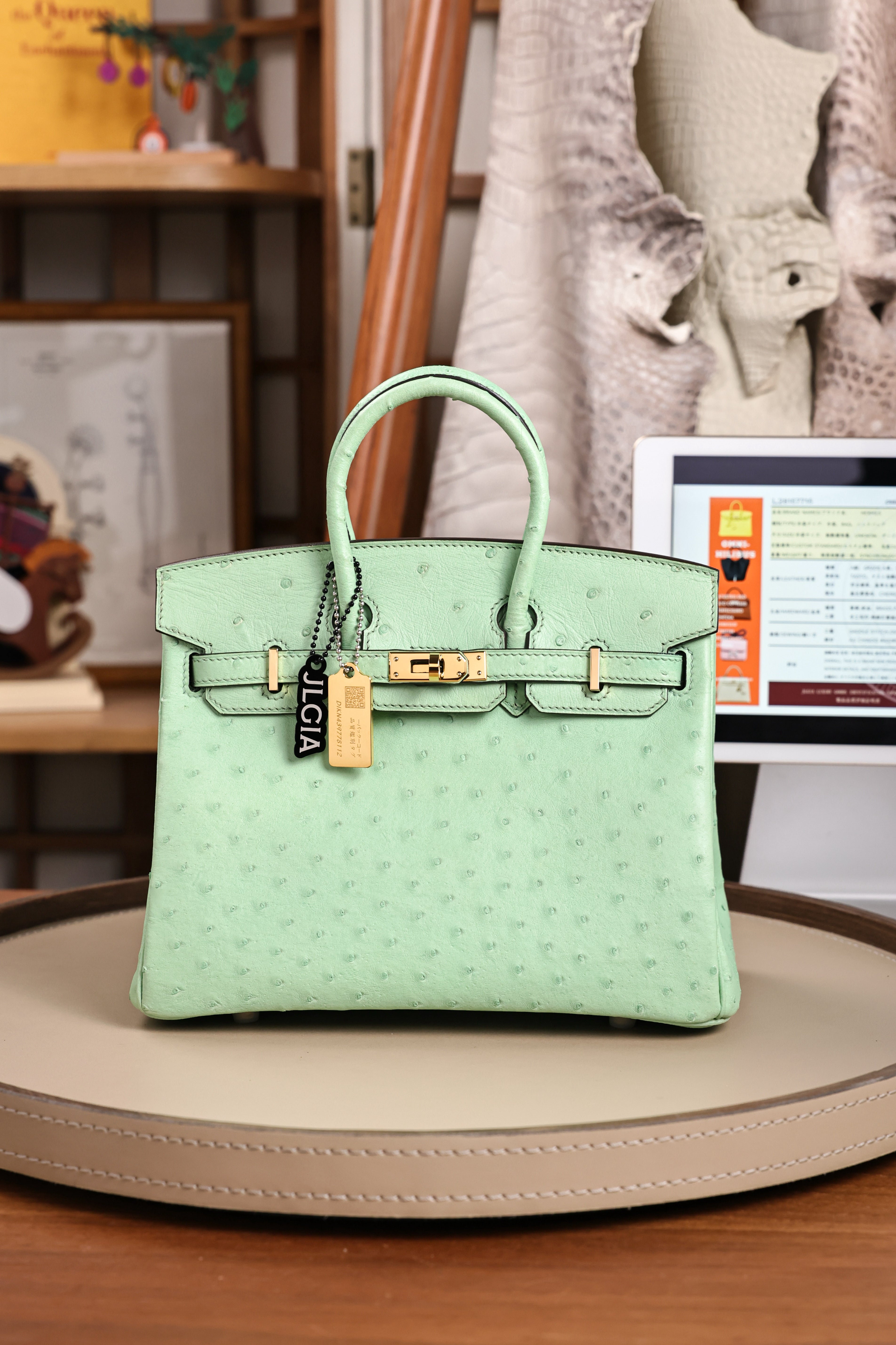 Birkin- All Handmade Golden / Sliver  Avocado green Ostrich leather