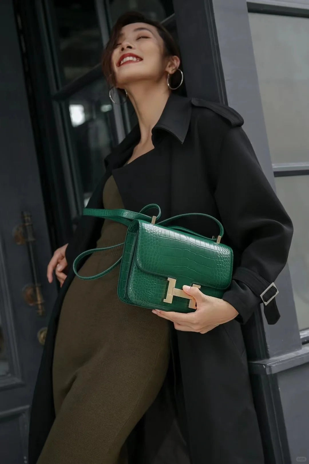 Constance- All Handmade Golden / Sliver Imperial Green Crocodile leather