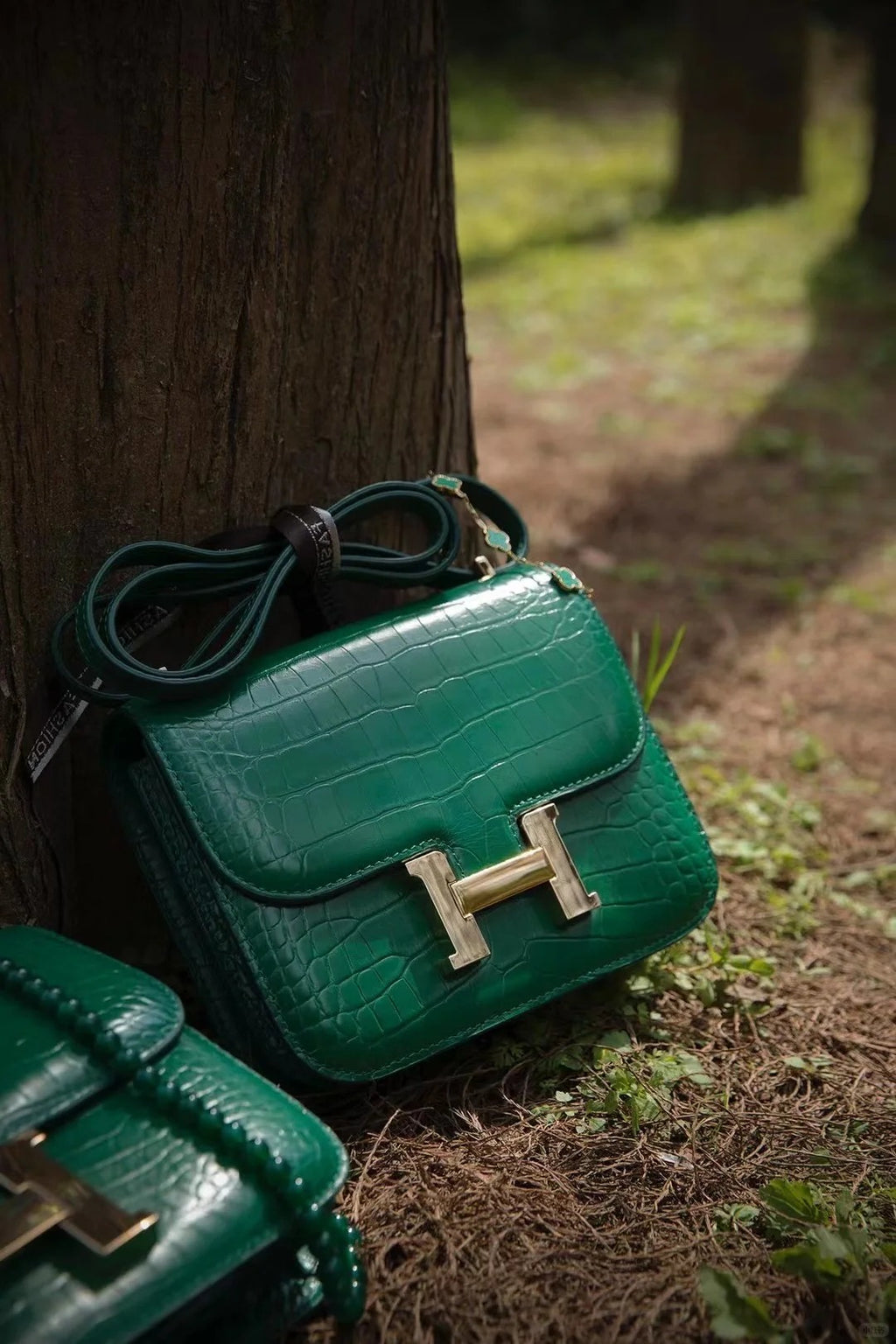 Constance- All Handmade Golden / Sliver Imperial Green Crocodile leather