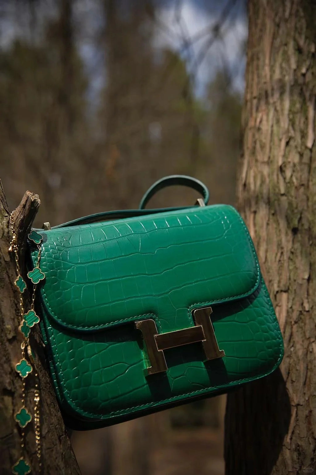Constance- All Handmade Golden / Sliver Imperial Green Crocodile leather
