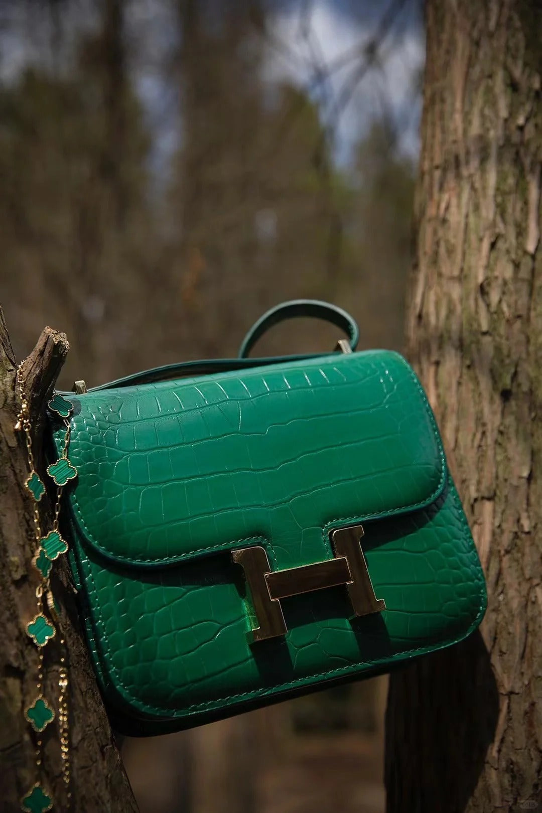 Constance- All Handmade Golden / Sliver Imperial Green Crocodile leather