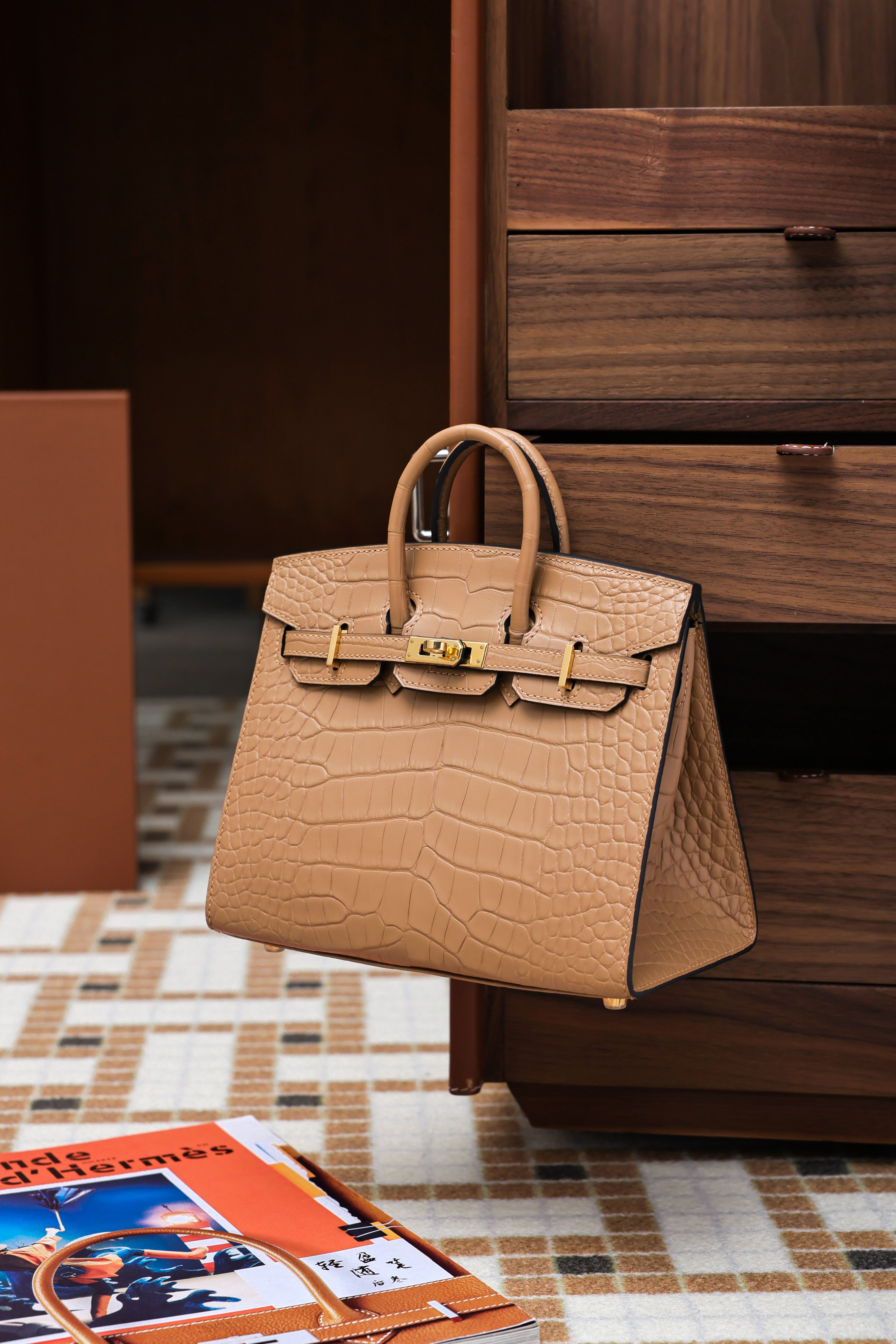 BK-2024 All Handmade Golden  Hardware Masala Matte American crocodile leather