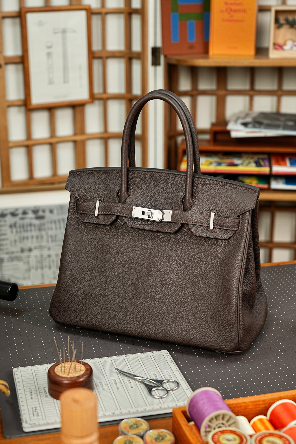 Birkin- All Handmade Golden / Sliver Chocolate Togo leather