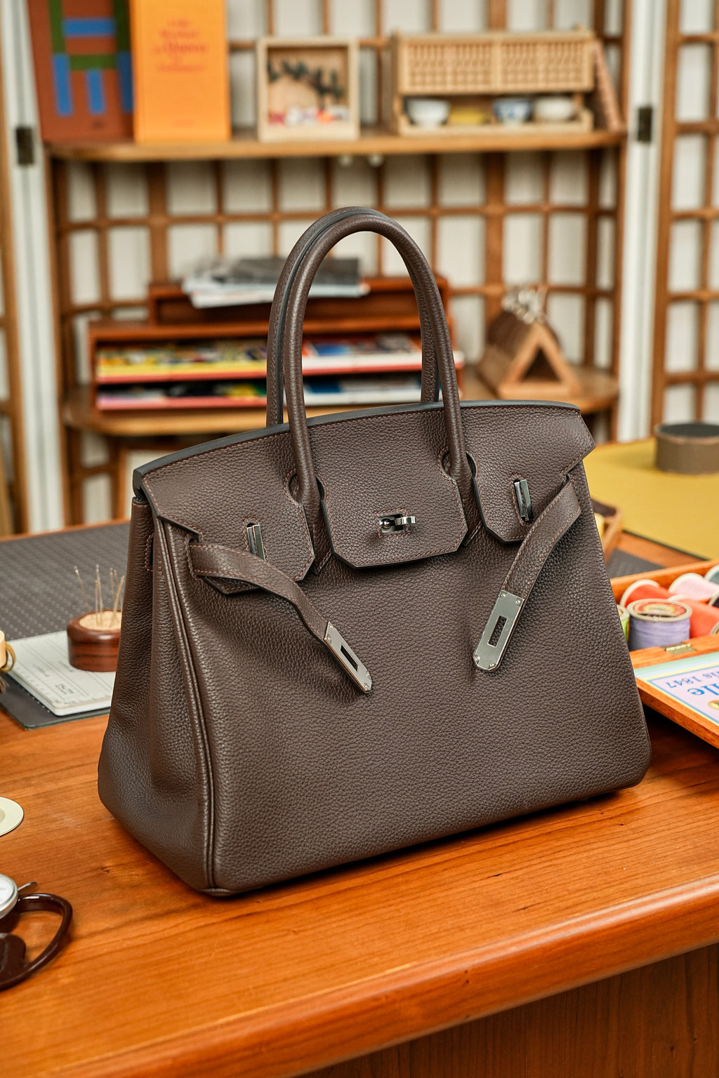 Birkin- All Handmade Golden / Sliver Chocolate Togo leather