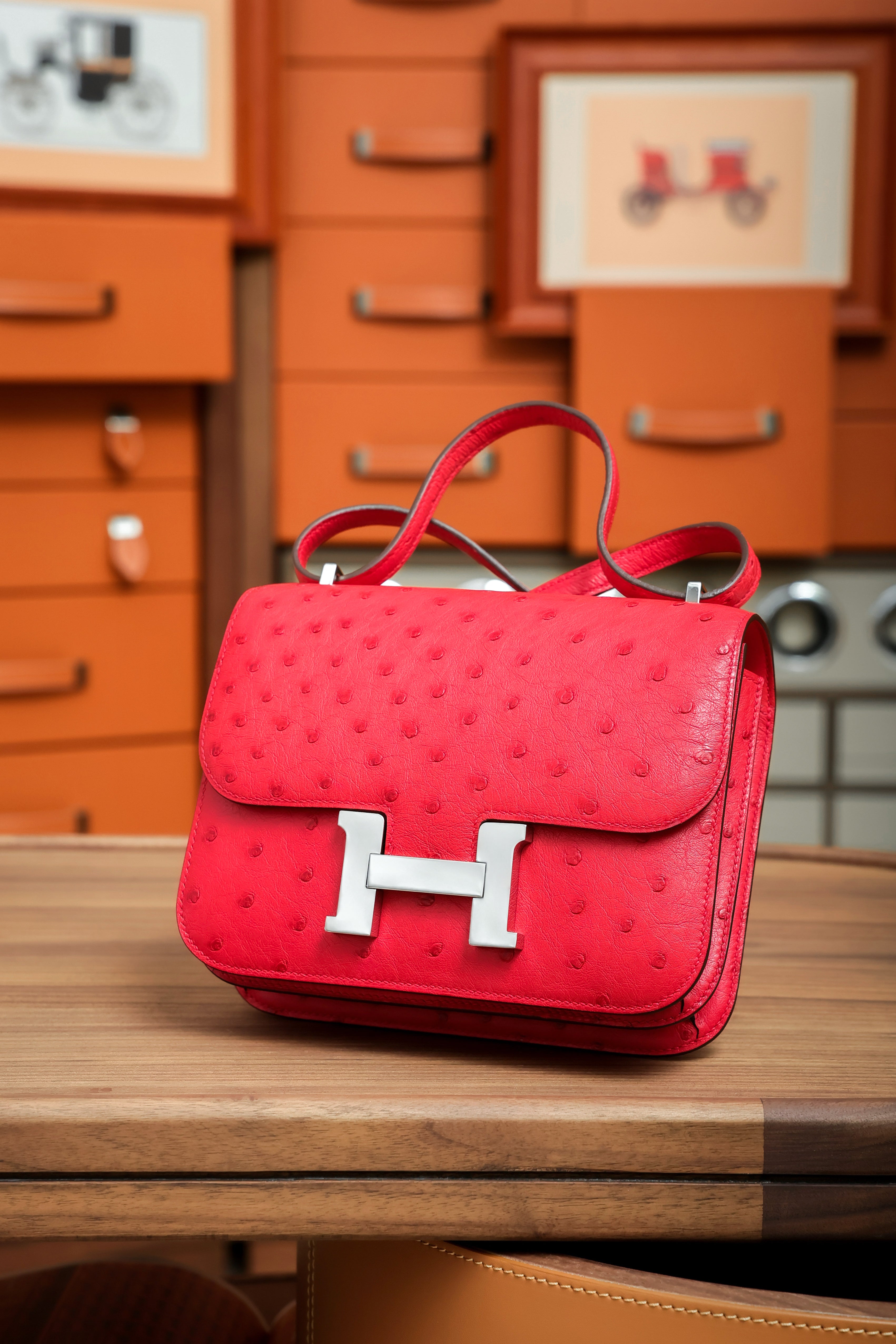 Constance- All Handmade Golden / Sliver Rouge Casaque Ostrich  leather