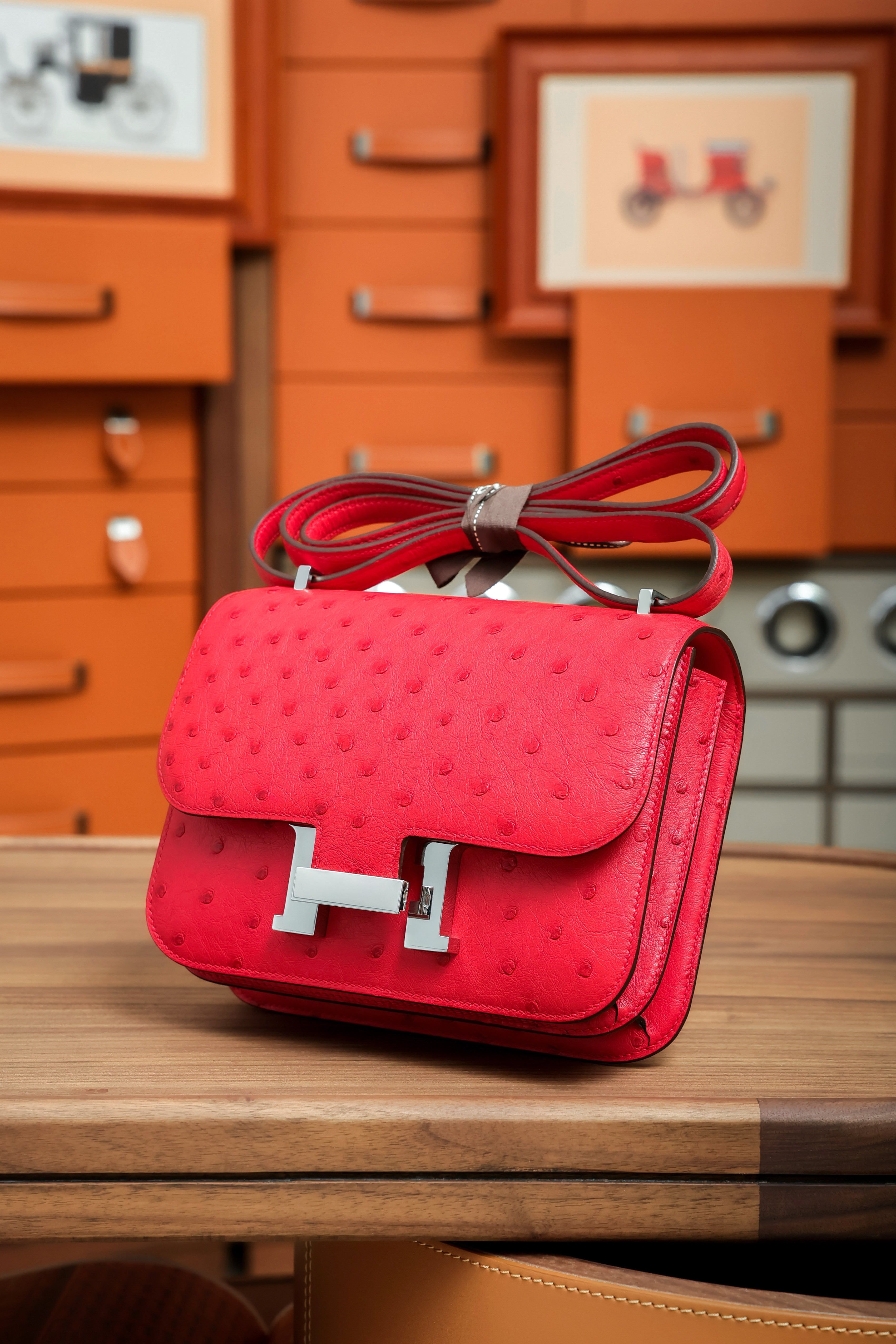 Constance- All Handmade Golden / Sliver Rouge Casaque Ostrich  leather