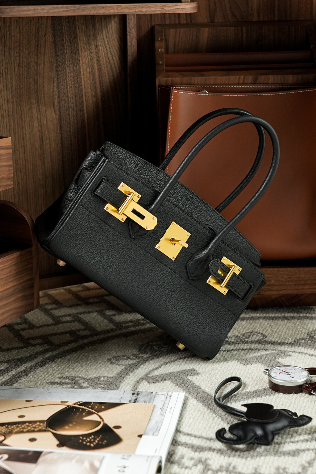 Birkin Shoulder- All Handmade Golden / Sliver Noir togo leather