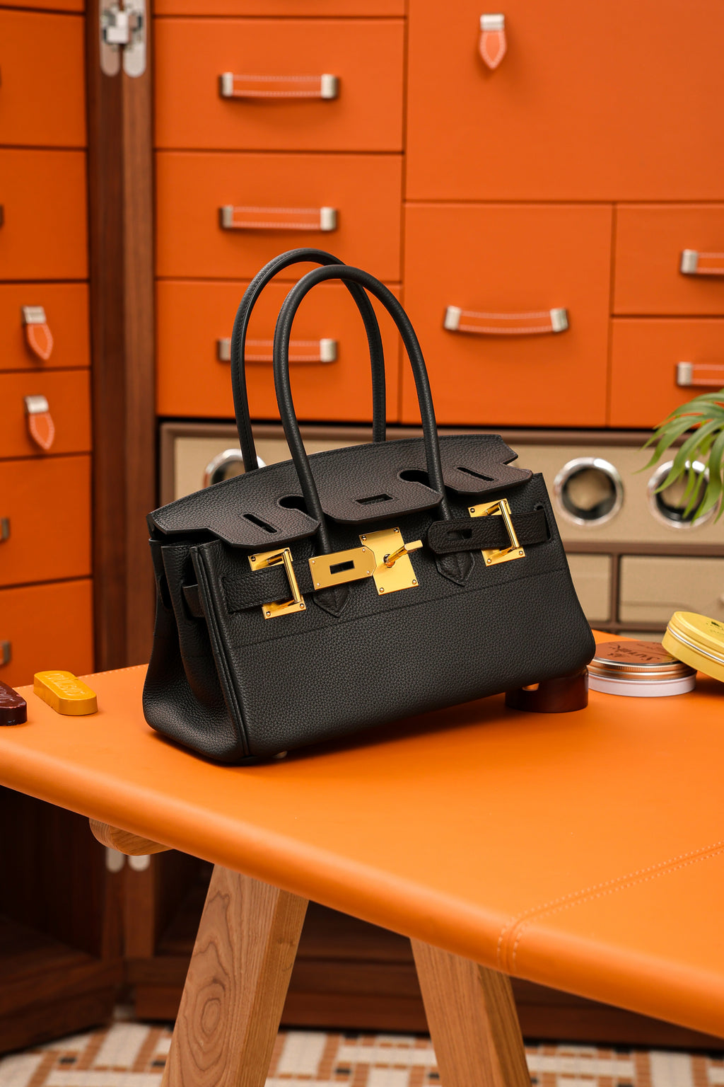 Birkin Shoulder- All Handmade Golden / Sliver Noir togo leather