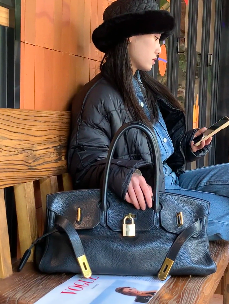 Birkin Shoulder- All Handmade Golden / Sliver Noir togo leather