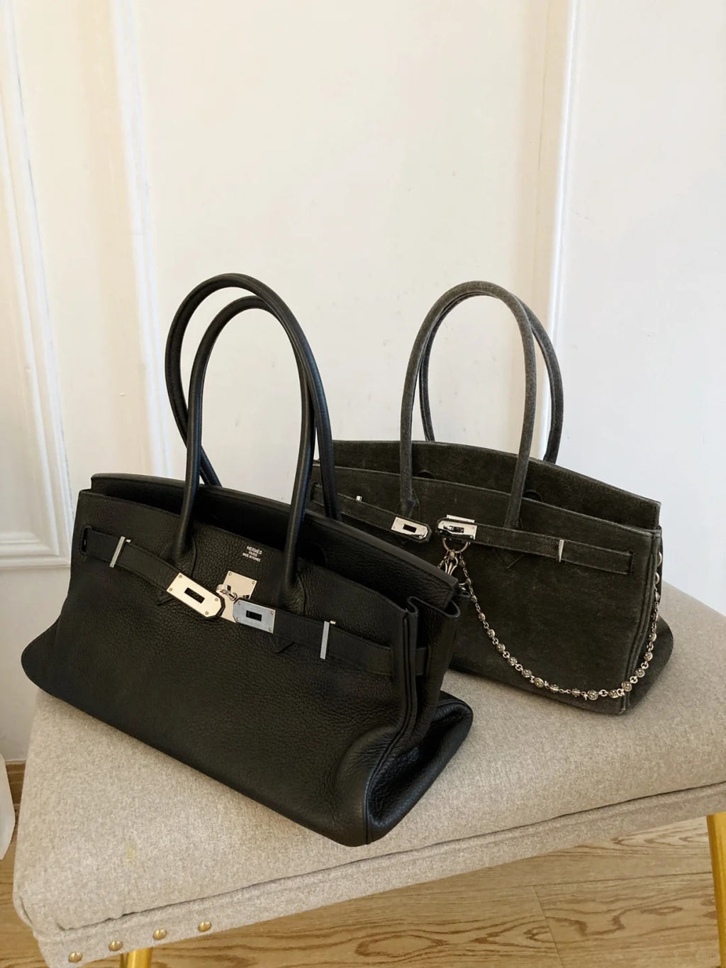 Birkin Shoulder- All Handmade Golden / Sliver Noir togo leather