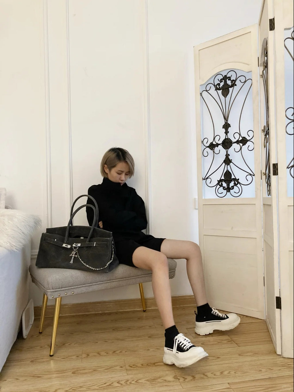 Birkin Shoulder- All Handmade Golden / Sliver Noir togo leather