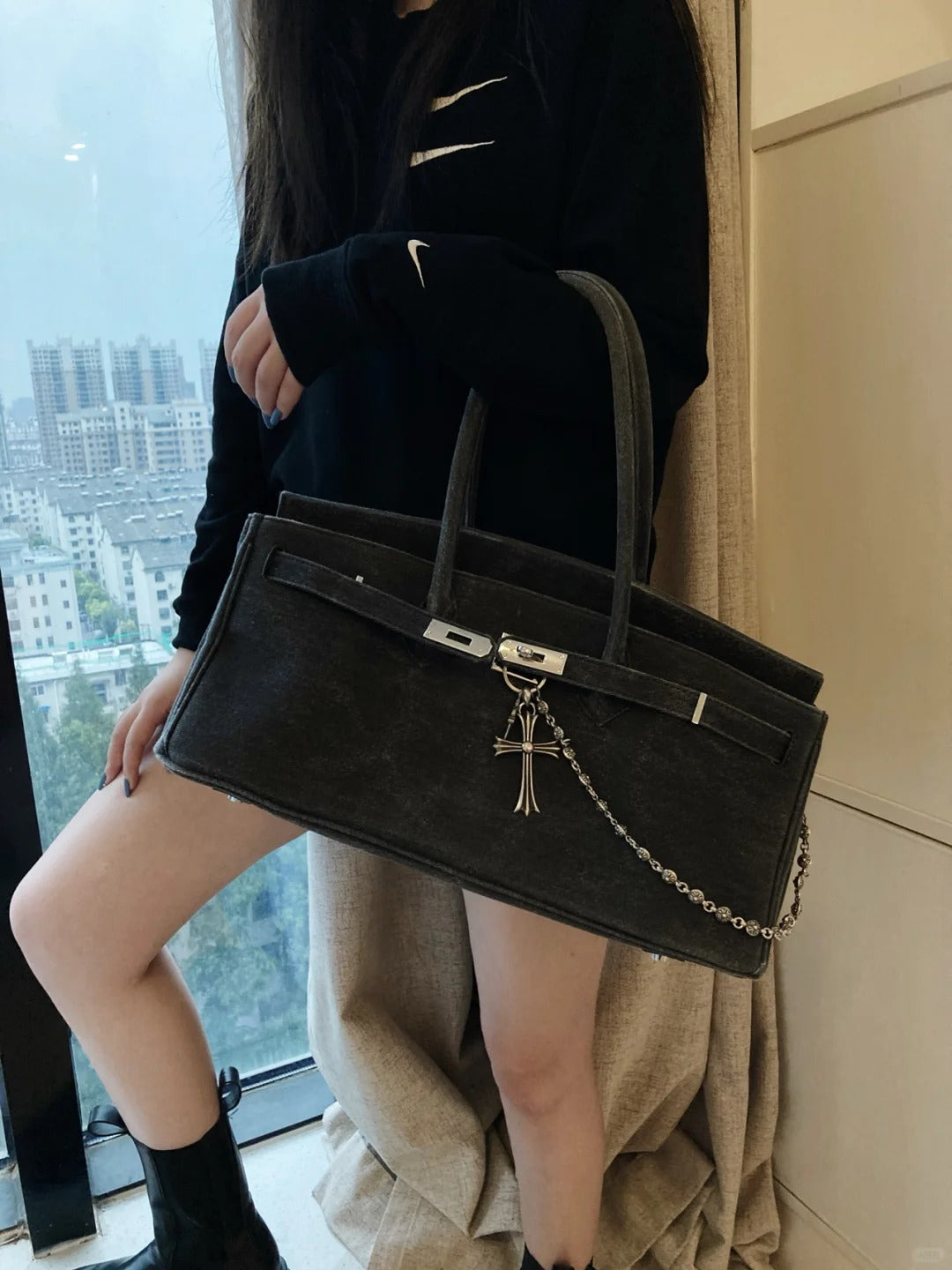 Birkin Shoulder- All Handmade Golden / Sliver Noir togo leather