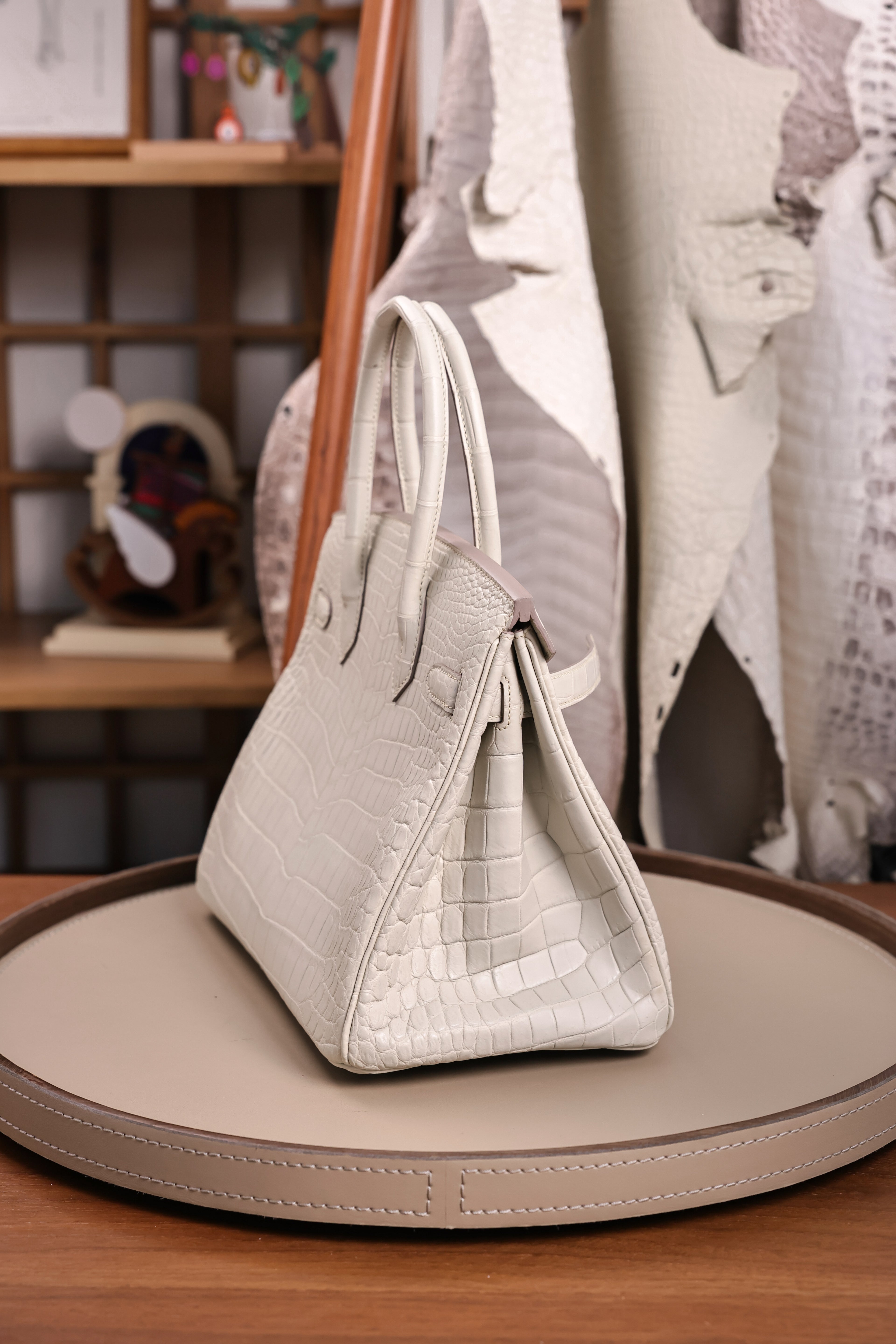 BK-2024 All Handmade Golden / Sliver Hardware Blanc  Matte Nile crocodile leather